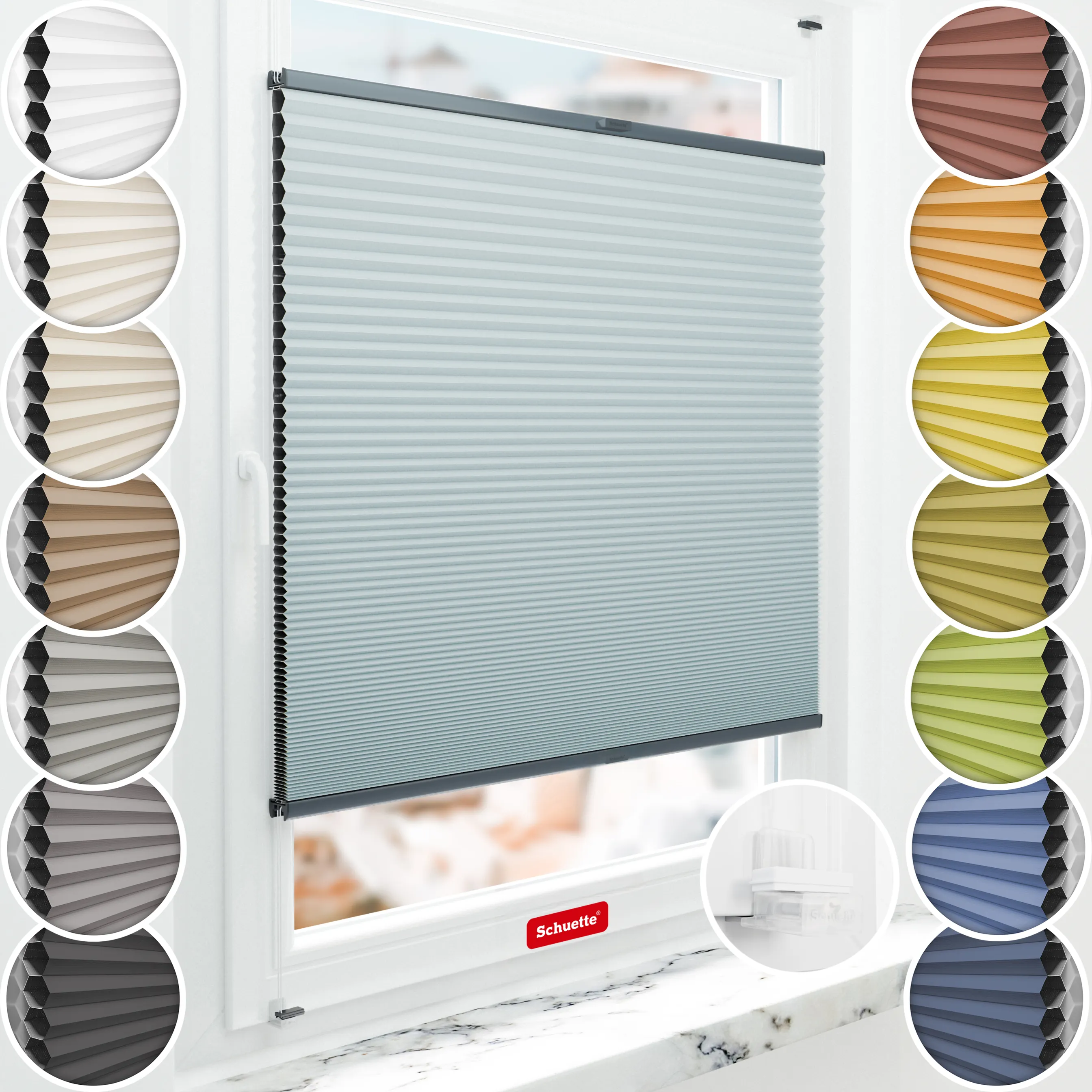 Schuette® Wabenplissee ohne Bohren nach Maß • Suprafix Klemmhalter “Incognito X" • Honey Kollektion: Cloud Nine (Pastellblau) • Profilfarbe: Anthrazit