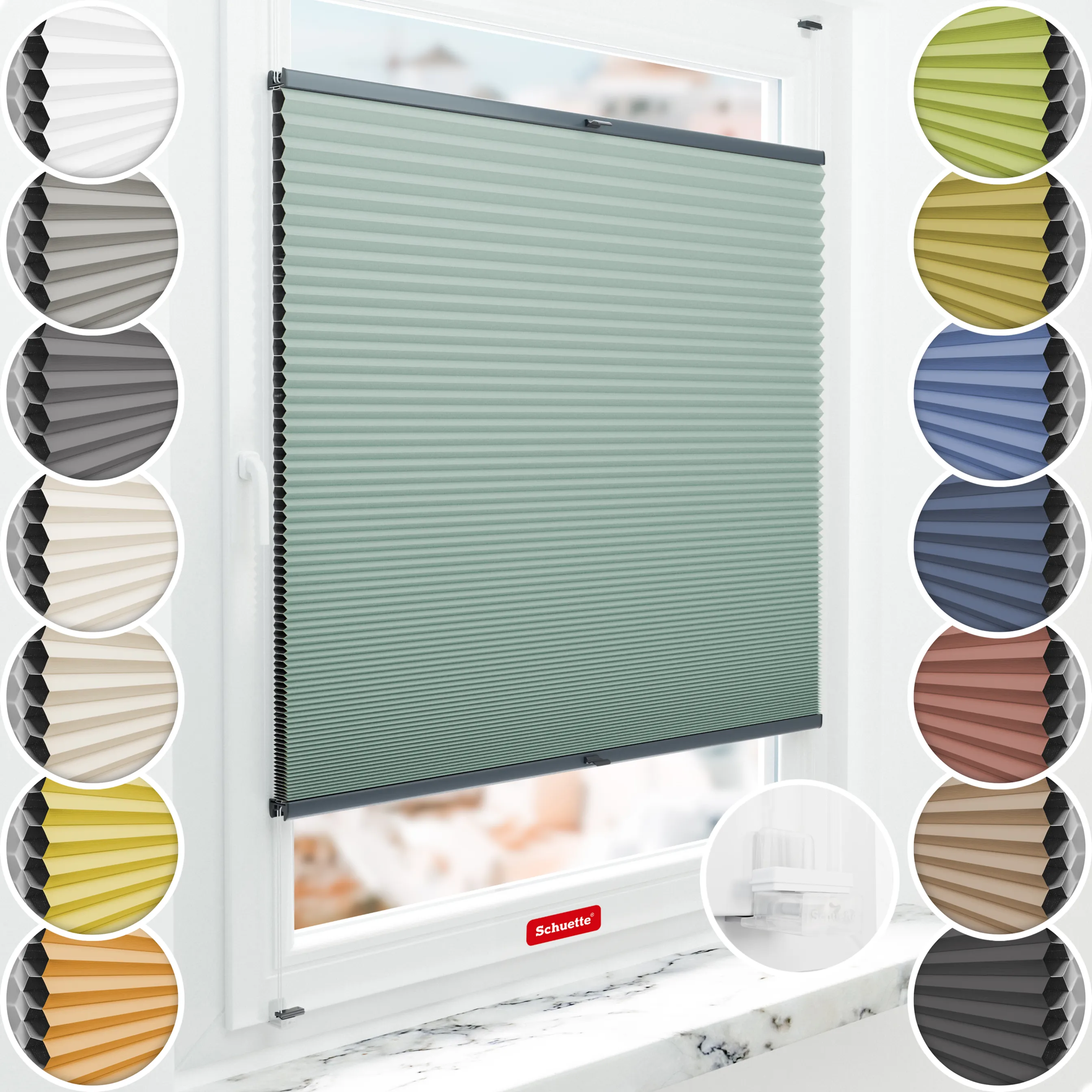 Schuette® Wabenplissee ohne Bohren nach Maß • Suprafix Klemmhalter “Incognito X" • Honey Kollektion: Wicked Emerald (Blassgrün) • Profilfarbe: Anthrazit