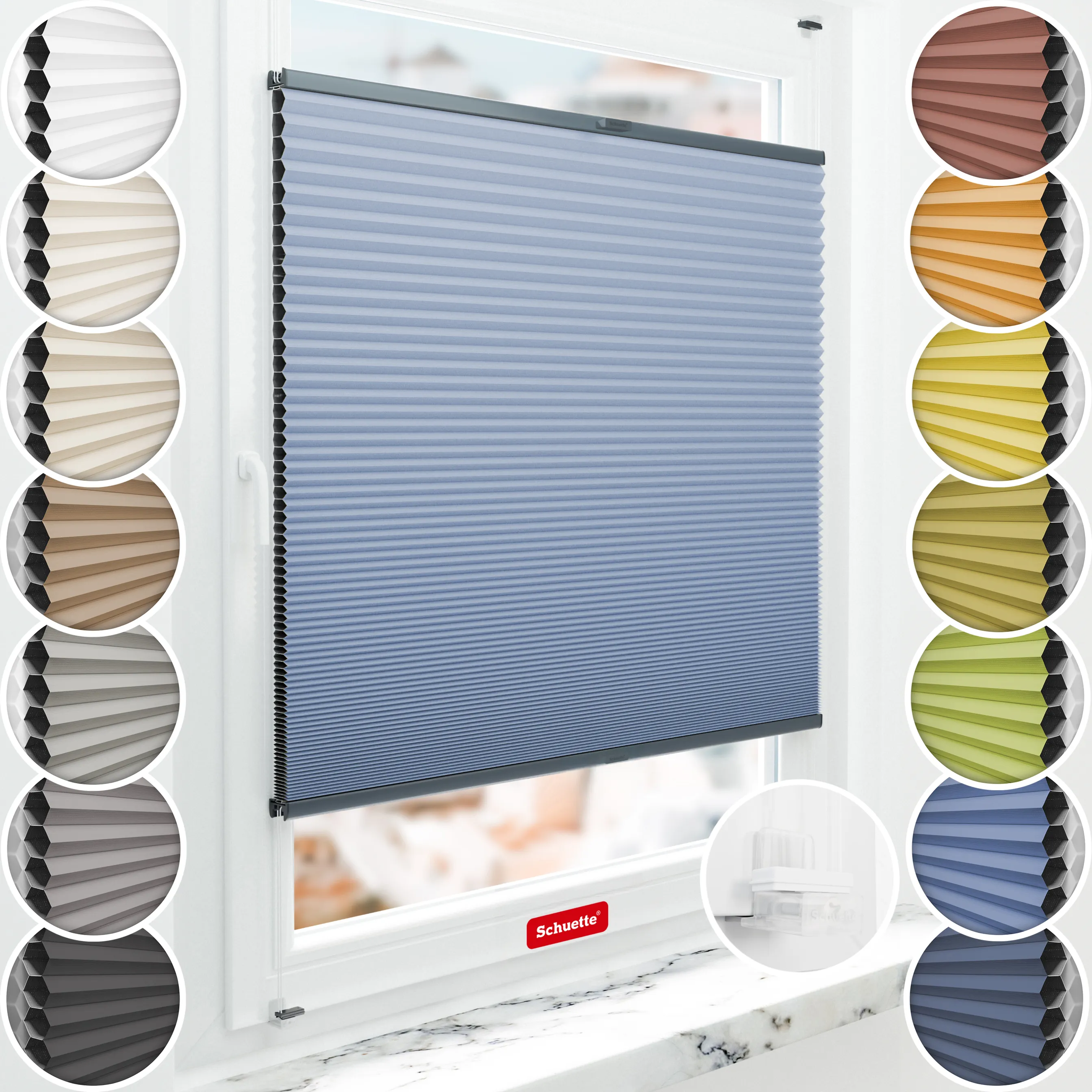 Schuette® Wabenplissee ohne Bohren nach Maß • Suprafix Klemmhalter “Incognito X" • Honey Kollektion: Ocean Drive (Hellblau) • Profilfarbe: Anthrazit