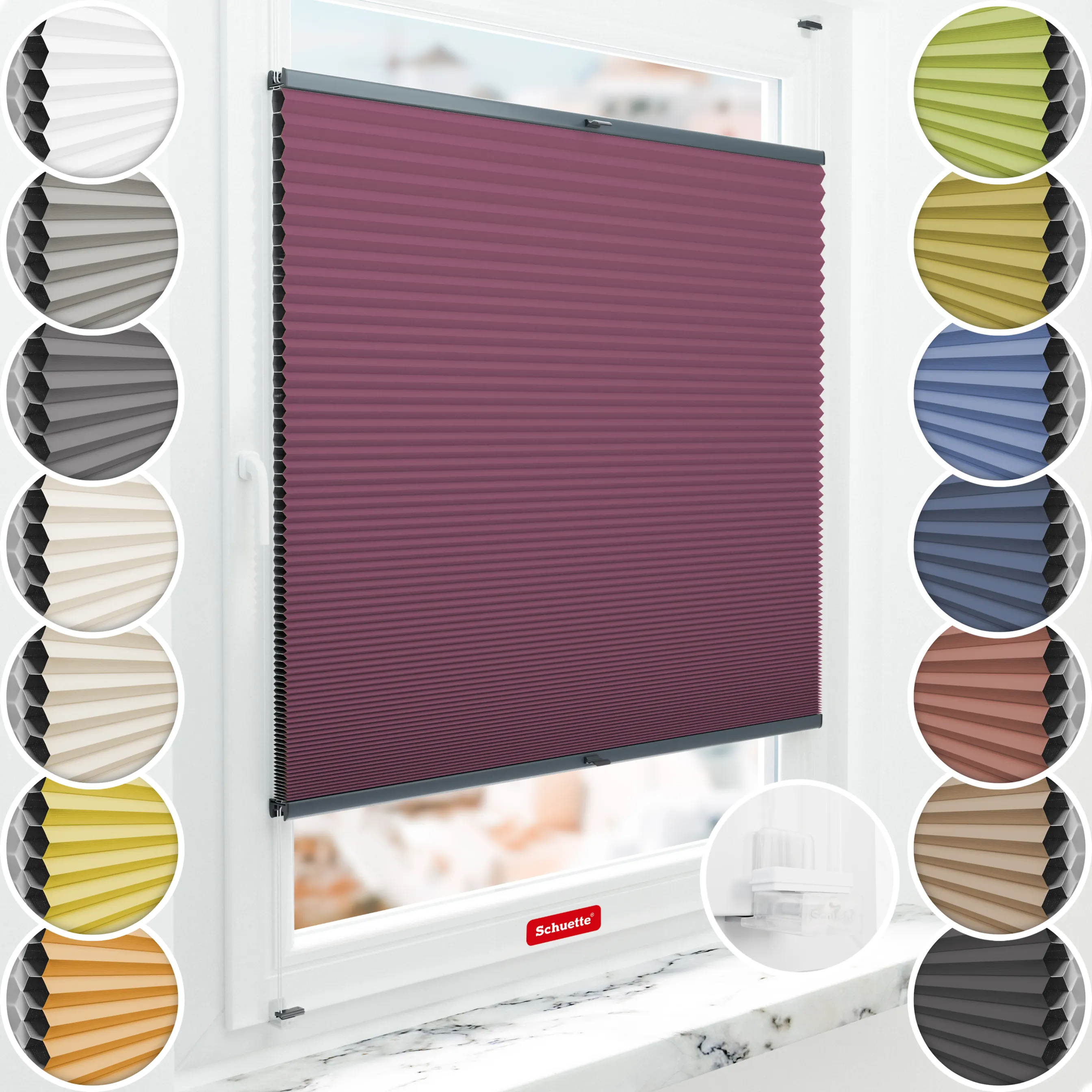 Schuette® Wabenplissee ohne Bohren nach Maß • Suprafix Klemmhalter “Incognito X" • Honey Kollektion: Red Velvet (Purpurrot) • Profilfarbe: Anthrazit