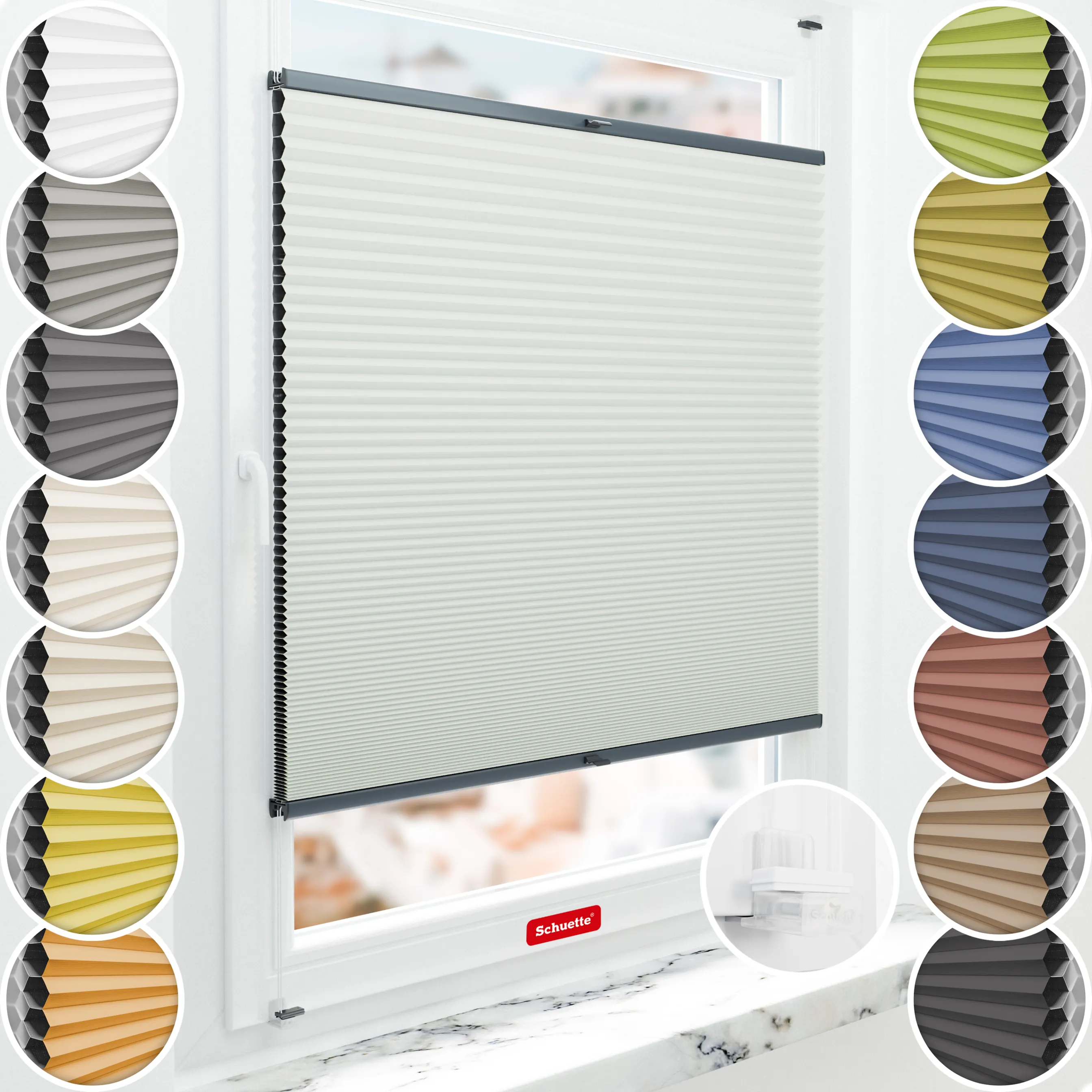 Schuette® Wabenplissee ohne Bohren nach Maß • Suprafix Klemmhalter “Incognito X" • Honey Kollektion: Tinkerbell Twinkle (Pastellgrün) • Profilfarbe: Anthrazit