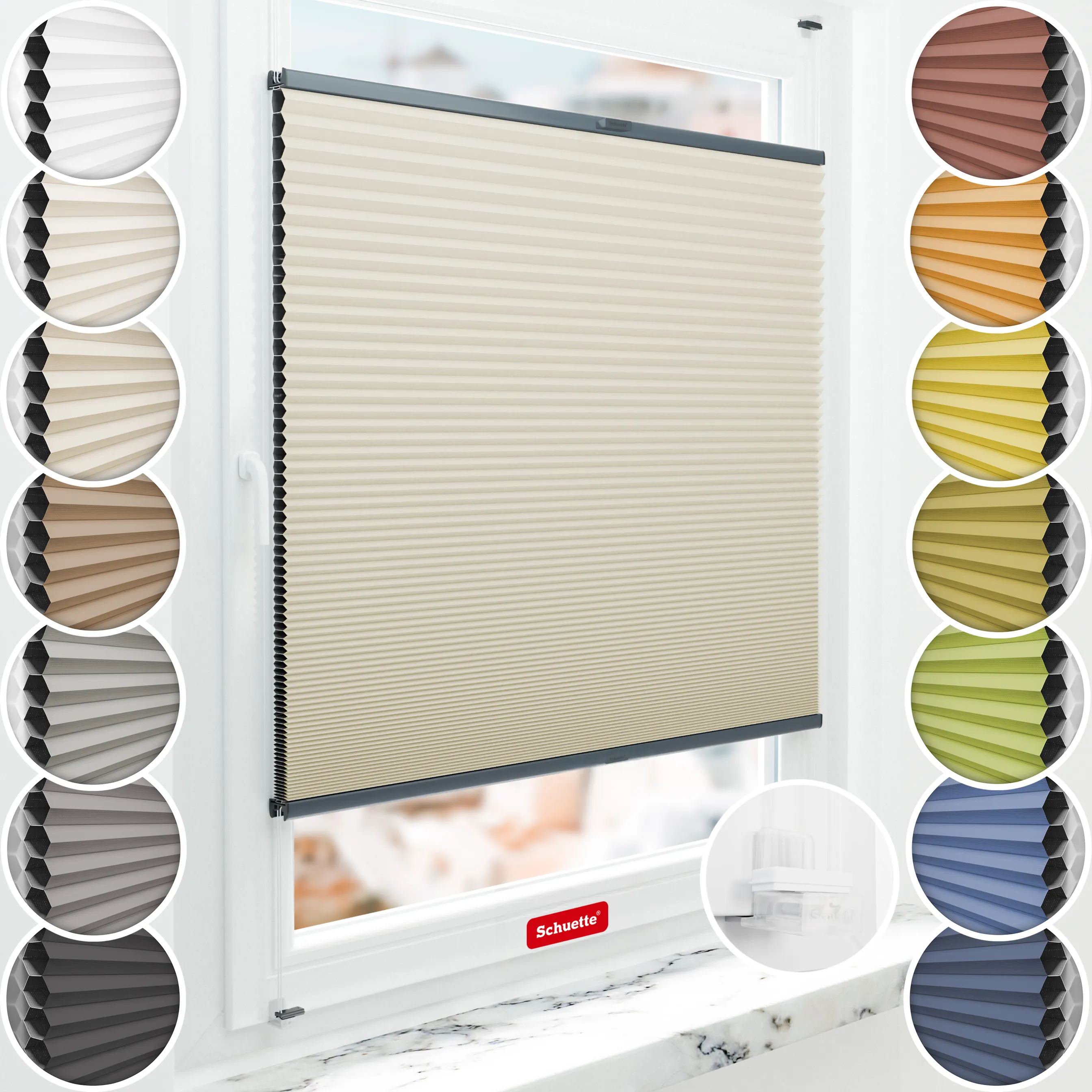 Schuette® Wabenplissee ohne Bohren nach Maß • Suprafix Klemmhalter “Incognito X" • Honey Kollektion: Belgian Waffle (Creme) • Profilfarbe: Anthrazit