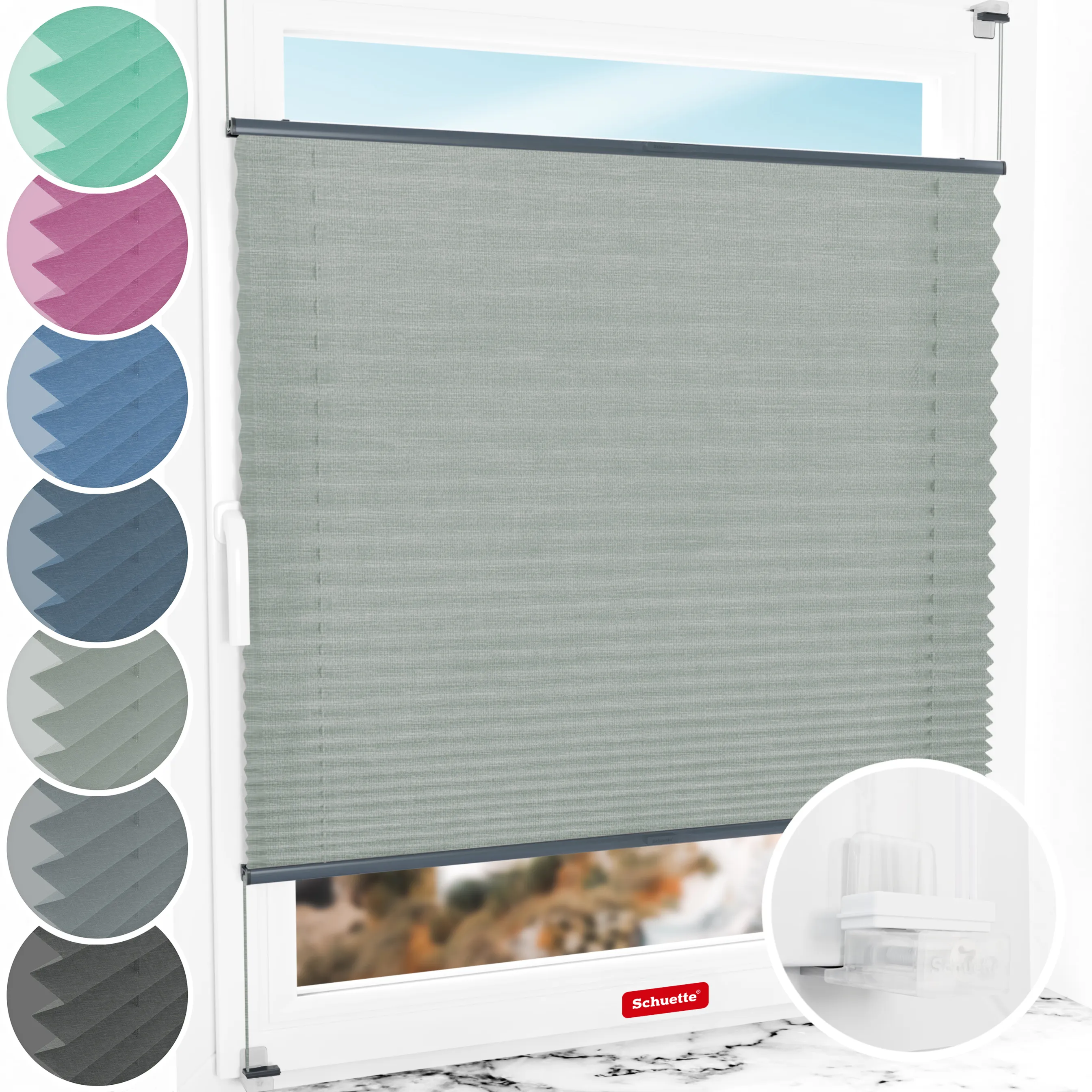 Schuette® Plissee ohne Bohren nach Maß • Suprafix Klemmhalter “Incognito X" • Melange Kollektion: On The Road (Grau) • Profilfarbe: Anthrazit