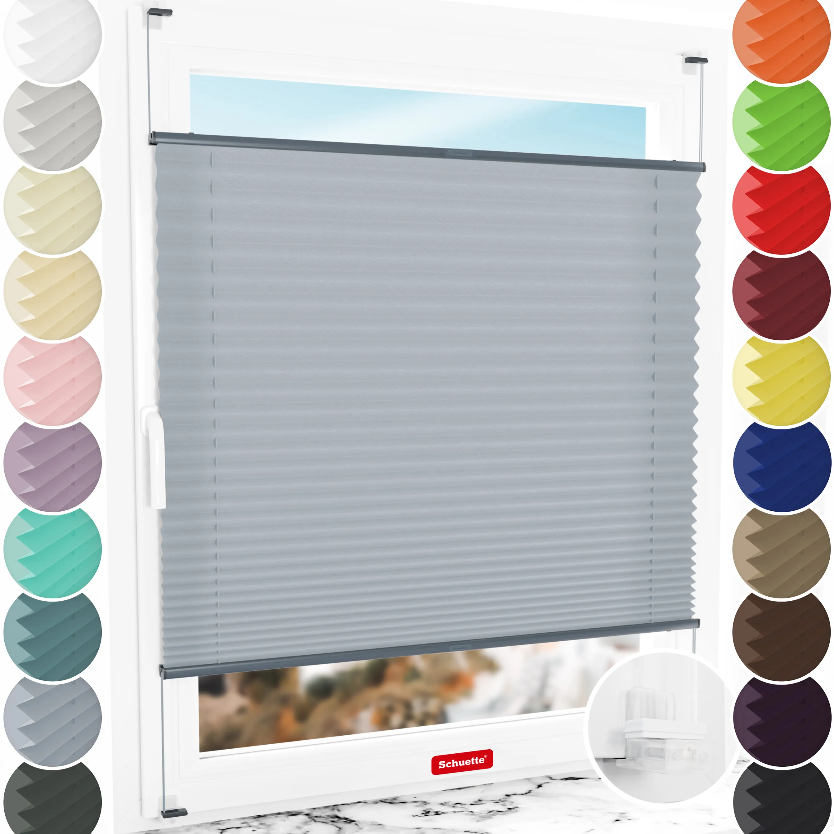 Schuette® Plissee ohne Bohren nach Maß • Suprafix Klemmhalter “Incognito X" • Premium Kollektion: Silver Sonata (Grau) • Profilfarbe: Anthrazit