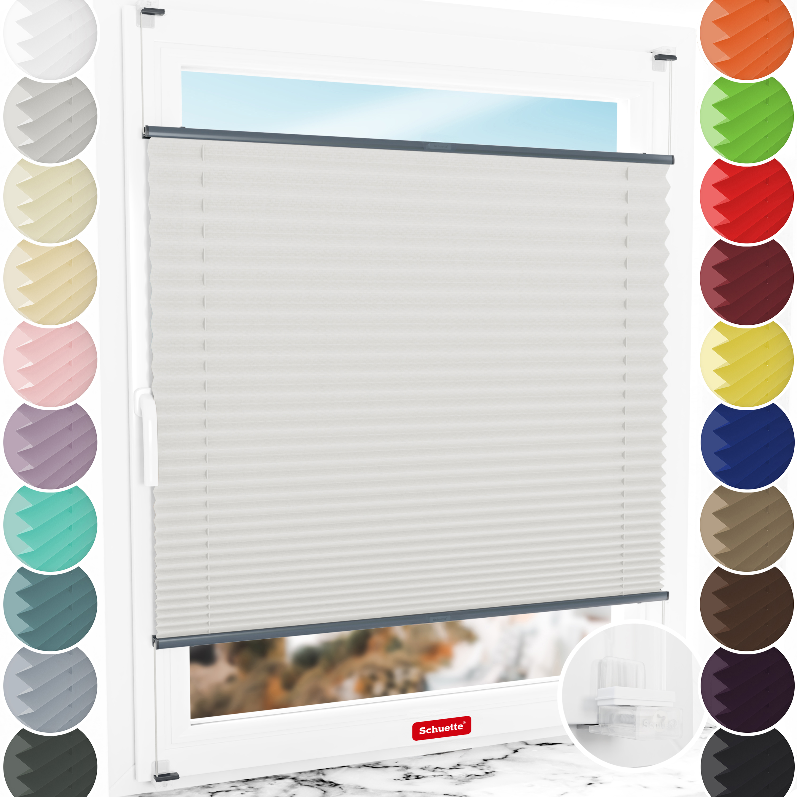 Schuette® Plissee ohne Bohren nach Maß • Suprafix Klemmhalter “Incognito X" • Thermo Kollektion: Spring Cloud (Grau) • Profilfarbe: Anthrazit