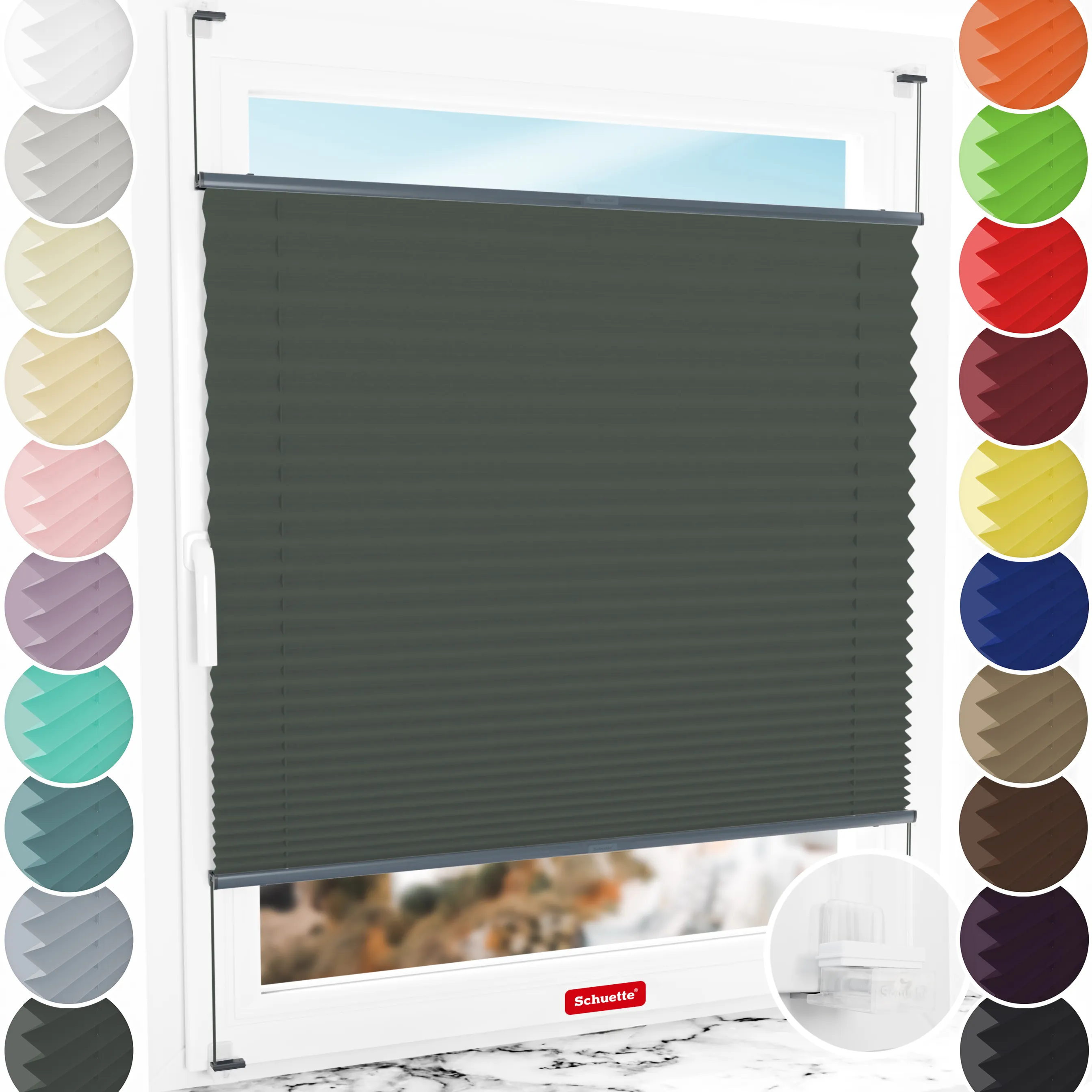 Schuette® Plissee ohne Bohren nach Maß • Suprafix Klemmhalter “Incognito X" • Thermo Kollektion: Before Storm (Grau) • Profilfarbe: Anthrazit