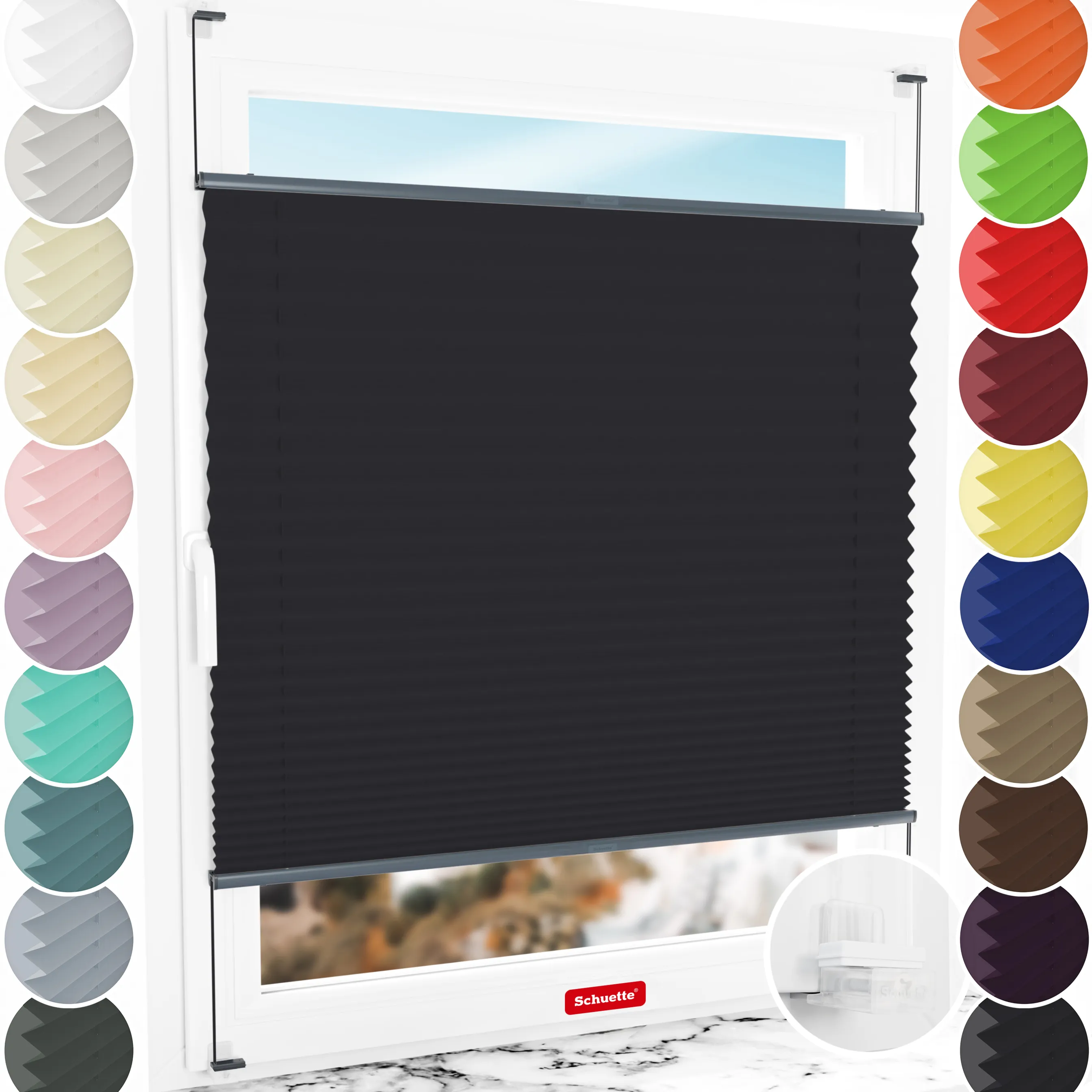 Schuette® Plissee ohne Bohren nach Maß • Suprafix Klemmhalter “Incognito X" • Thermo Kollektion: Dark Night (Schwarz) • Profilfarbe: Anthrazit