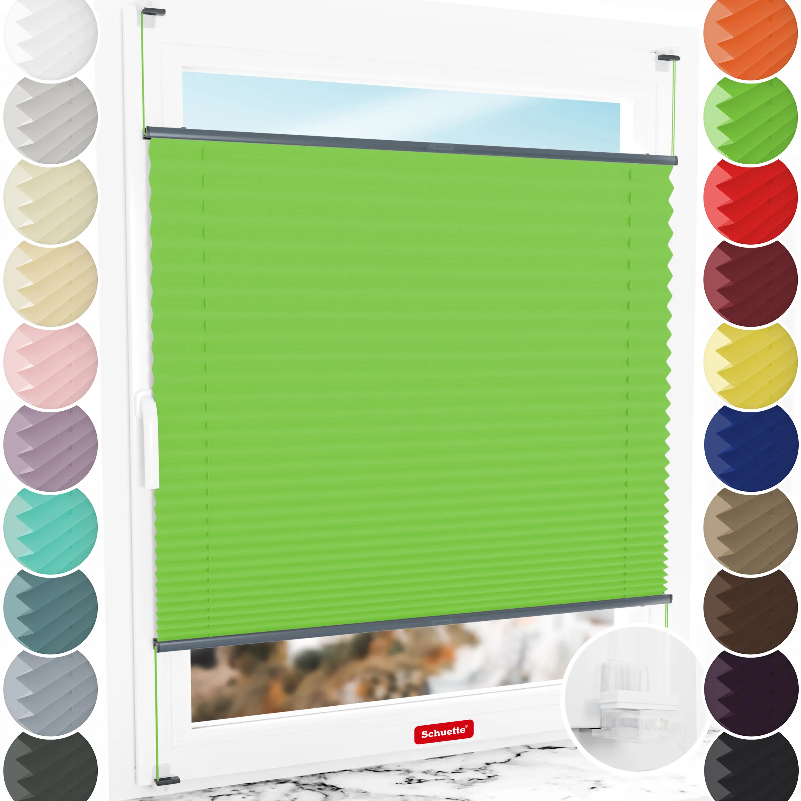Schuette® Plissee ohne Bohren nach Maß • Suprafix Klemmhalter “Incognito X" • Thermo Kollektion: Leaf Joy (Grün) • Profilfarbe: Anthrazit