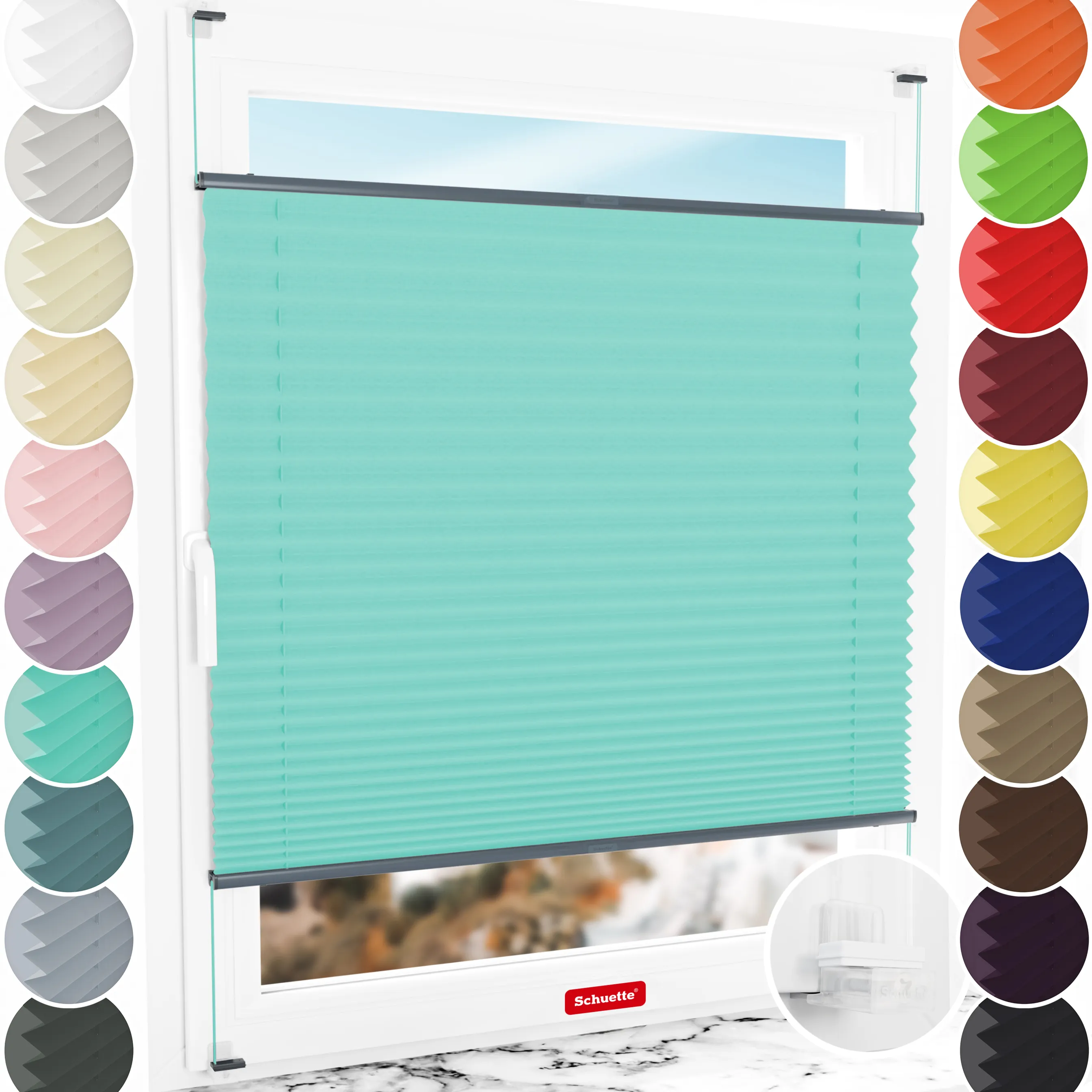 Schuette® Plissee ohne Bohren nach Maß • Suprafix Klemmhalter “Incognito X" • Thermo Kollektion: Tide Tune (Türkis) • Profilfarbe: Anthrazit