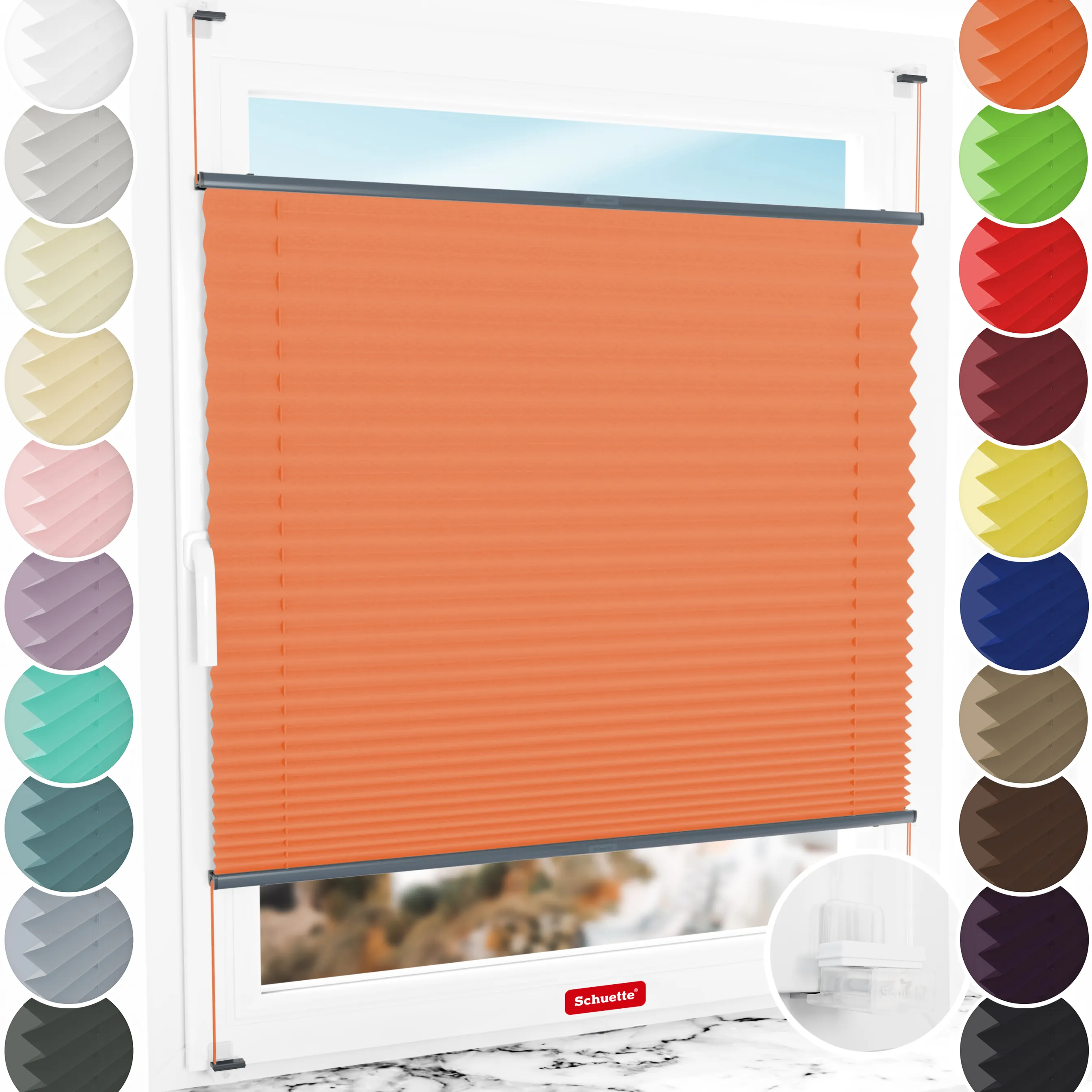 Schuette® Plissee ohne Bohren nach Maß • Suprafix Klemmhalter “Incognito X" • Thermo Kollektion: Peach (Orange) • Profilfarbe: Anthrazit