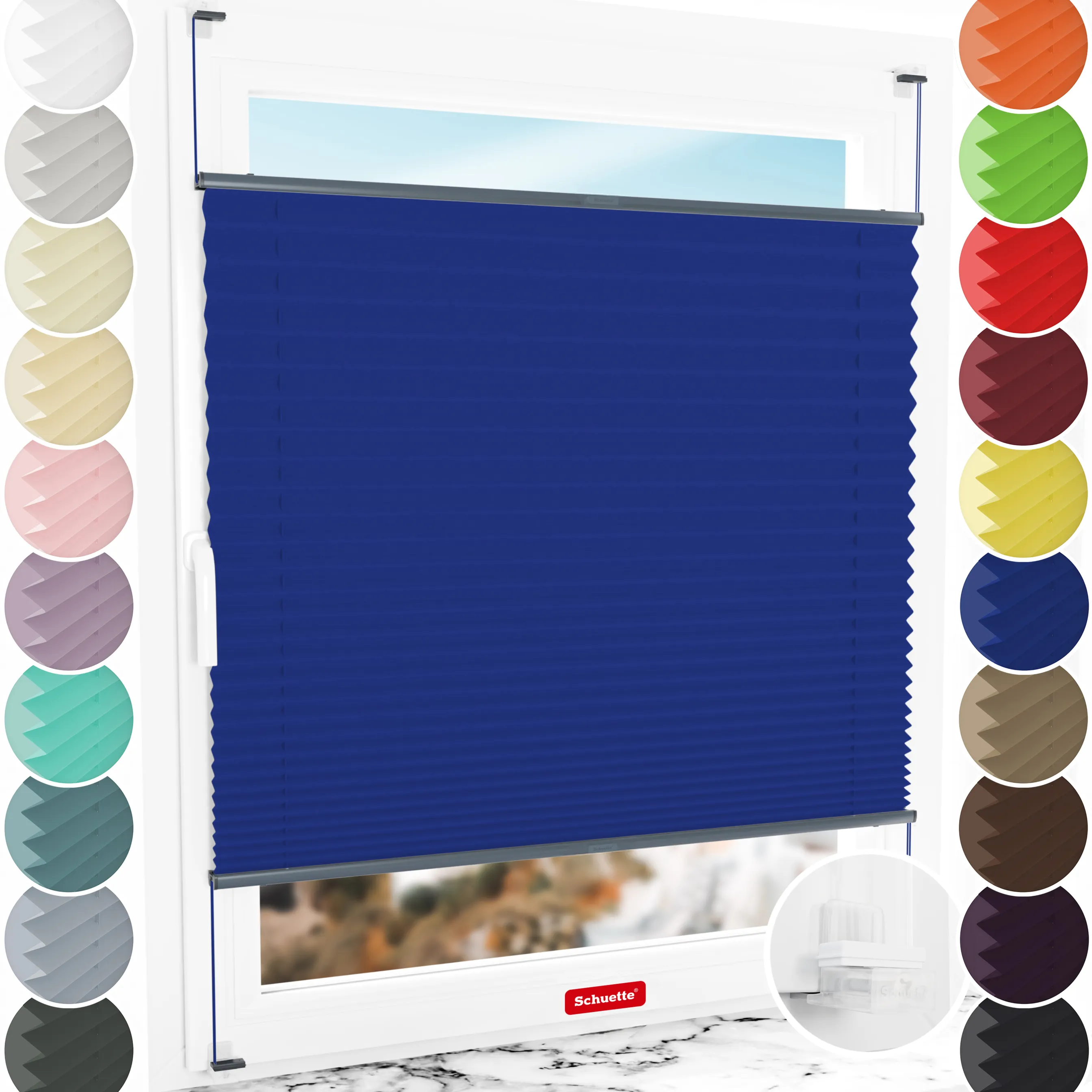 Schuette® Plissee ohne Bohren nach Maß • Suprafix Klemmhalter “Incognito X" • Thermo Kollektion: Wave Waltz (Blau) • Profilfarbe: Anthrazit
