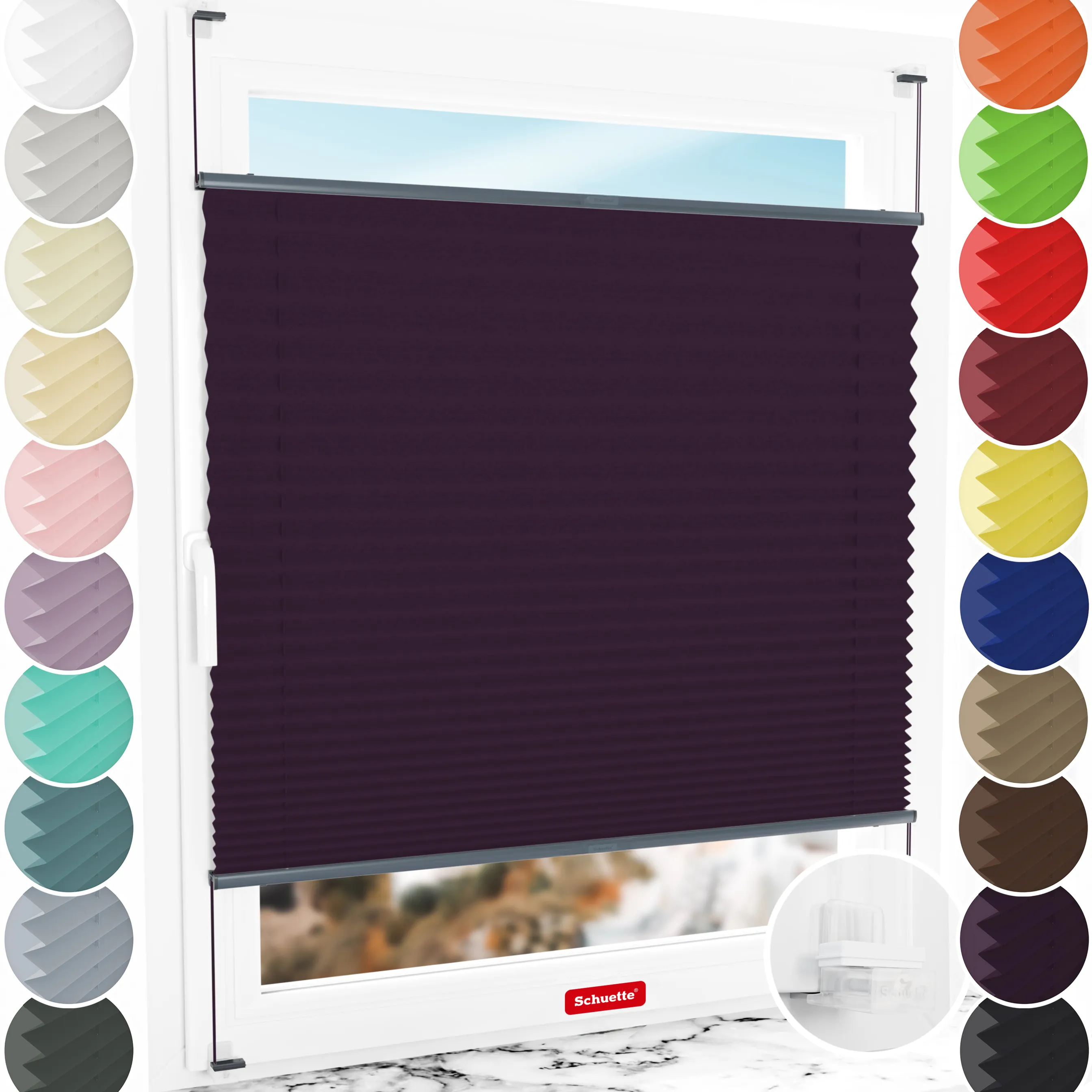 Schuette® Plissee ohne Bohren nach Maß • Suprafix Klemmhalter “Incognito X" • Thermo Kollektion: Violet Paradise (Violett) • Profilfarbe: Anthrazit