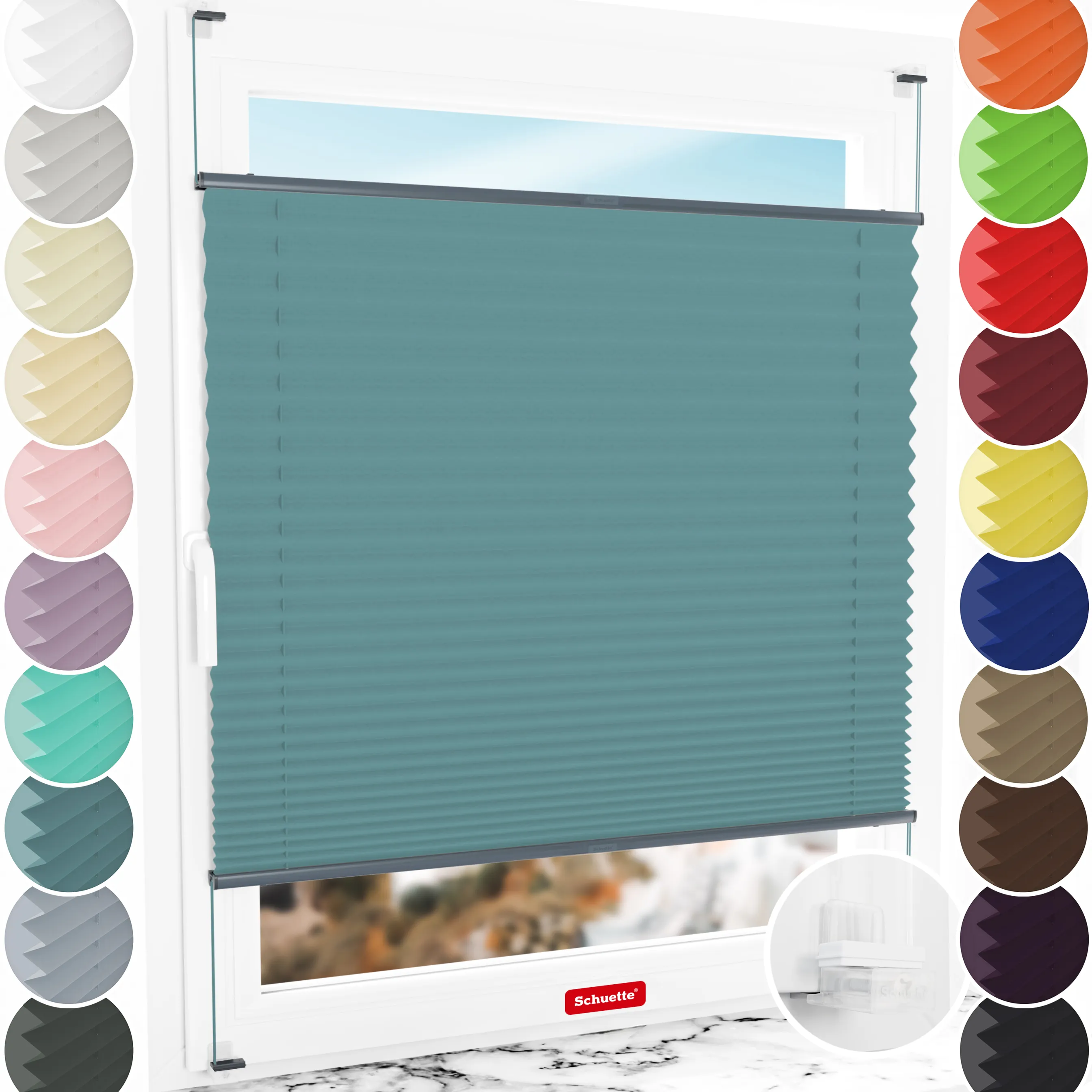 Schuette® Plissee ohne Bohren nach Maß • Suprafix Klemmhalter “Incognito X" • Thermo Kollektion: Teal Aura (Türkis) • Profilfarbe: Anthrazit