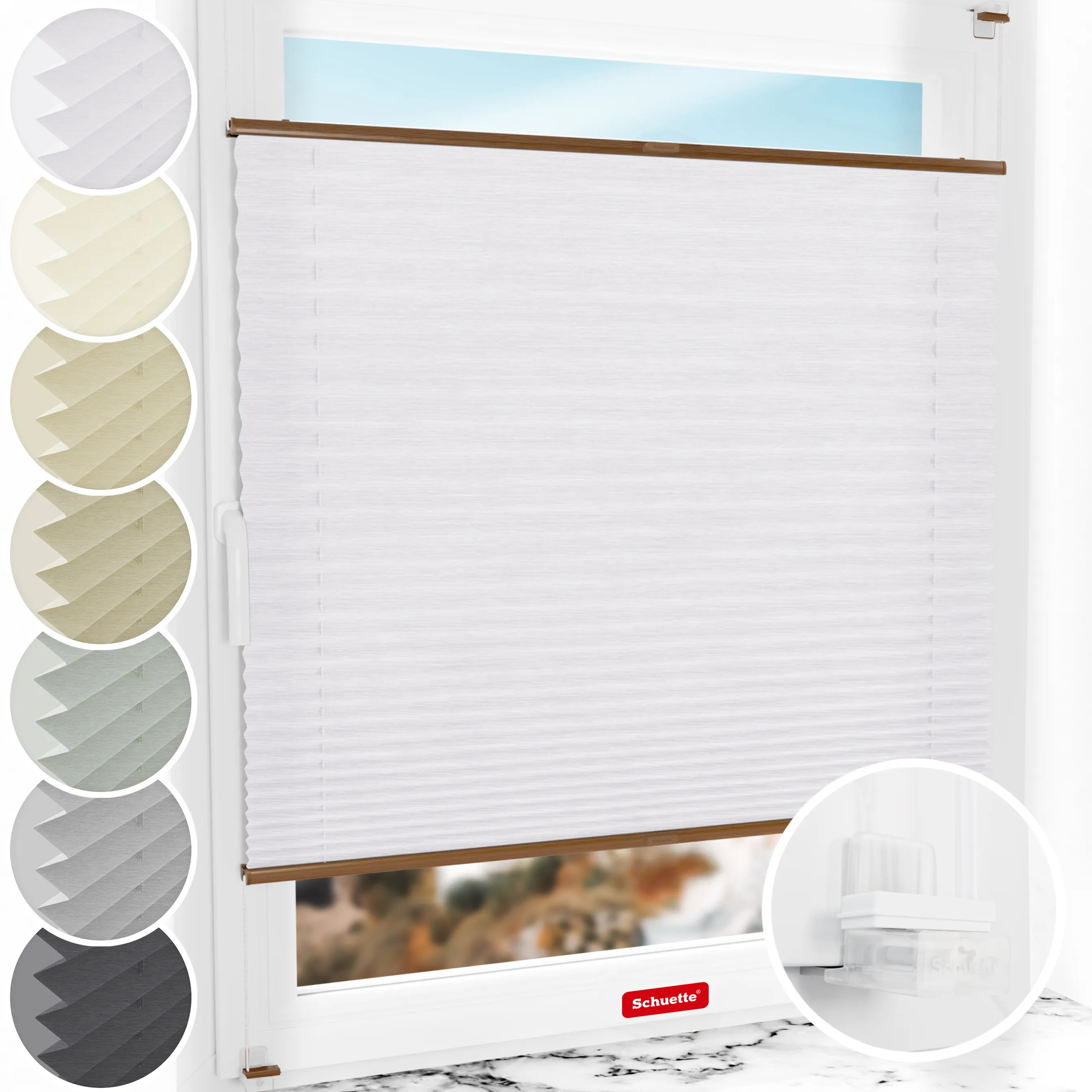 Schuette® Plissee ohne Bohren nach Maß • Suprafix Klemmhalter “Incognito X" • Dolomite Kollektion: Cold Morning (Grau) • Profilfarbe: Eiche