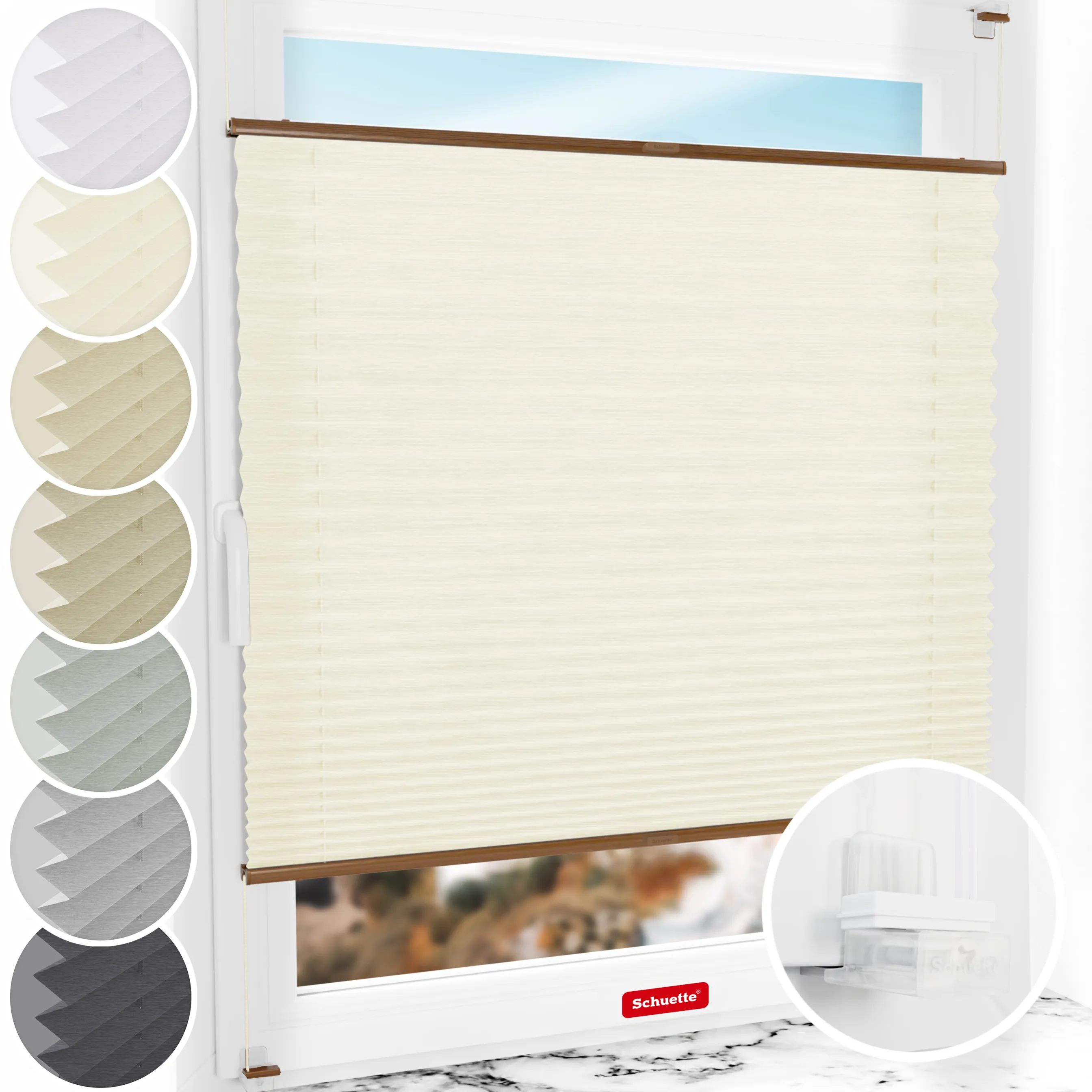 Schuette® Plissee ohne Bohren nach Maß • Suprafix Klemmhalter “Incognito X" • Dolomite Kollektion: Vanilla Sky (Beige) • Profilfarbe: Eiche