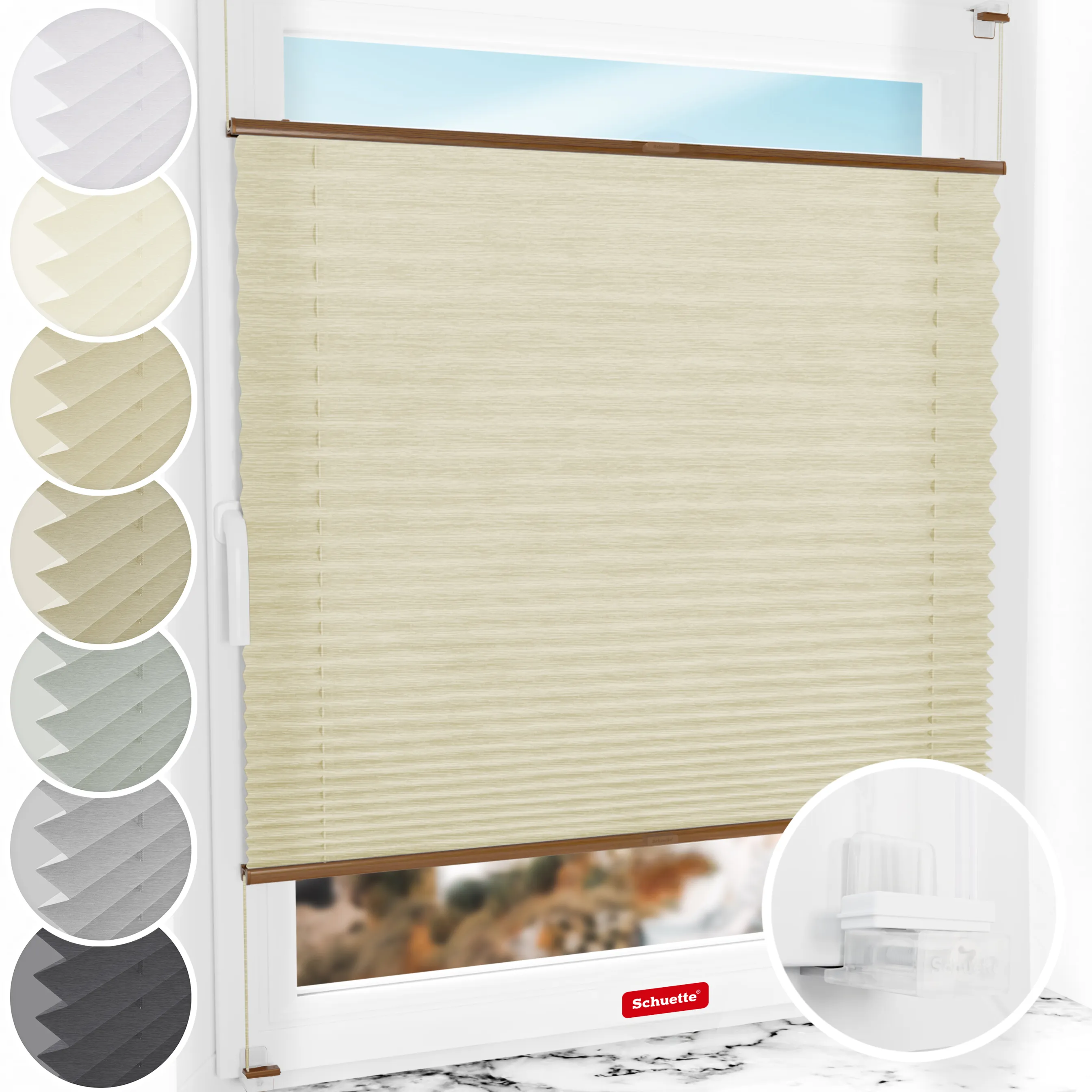 Schuette® Plissee ohne Bohren nach Maß • Suprafix Klemmhalter “Incognito X" • Dolomite Kollektion: Wet Stand (Beige) • Profilfarbe: Eiche