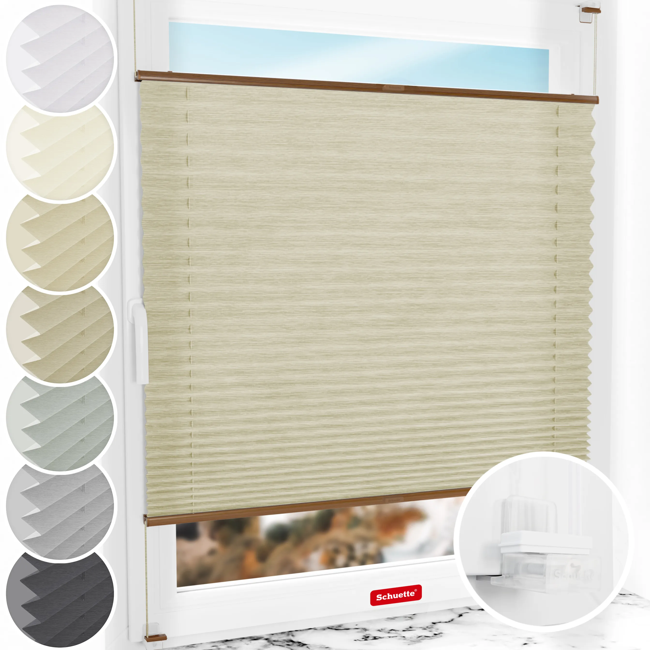 Schuette® Plissee ohne Bohren nach Maß • Suprafix Klemmhalter “Incognito X" • Dolomite Kollektion: Light Coffee (Beige) • Profilfarbe: Eiche