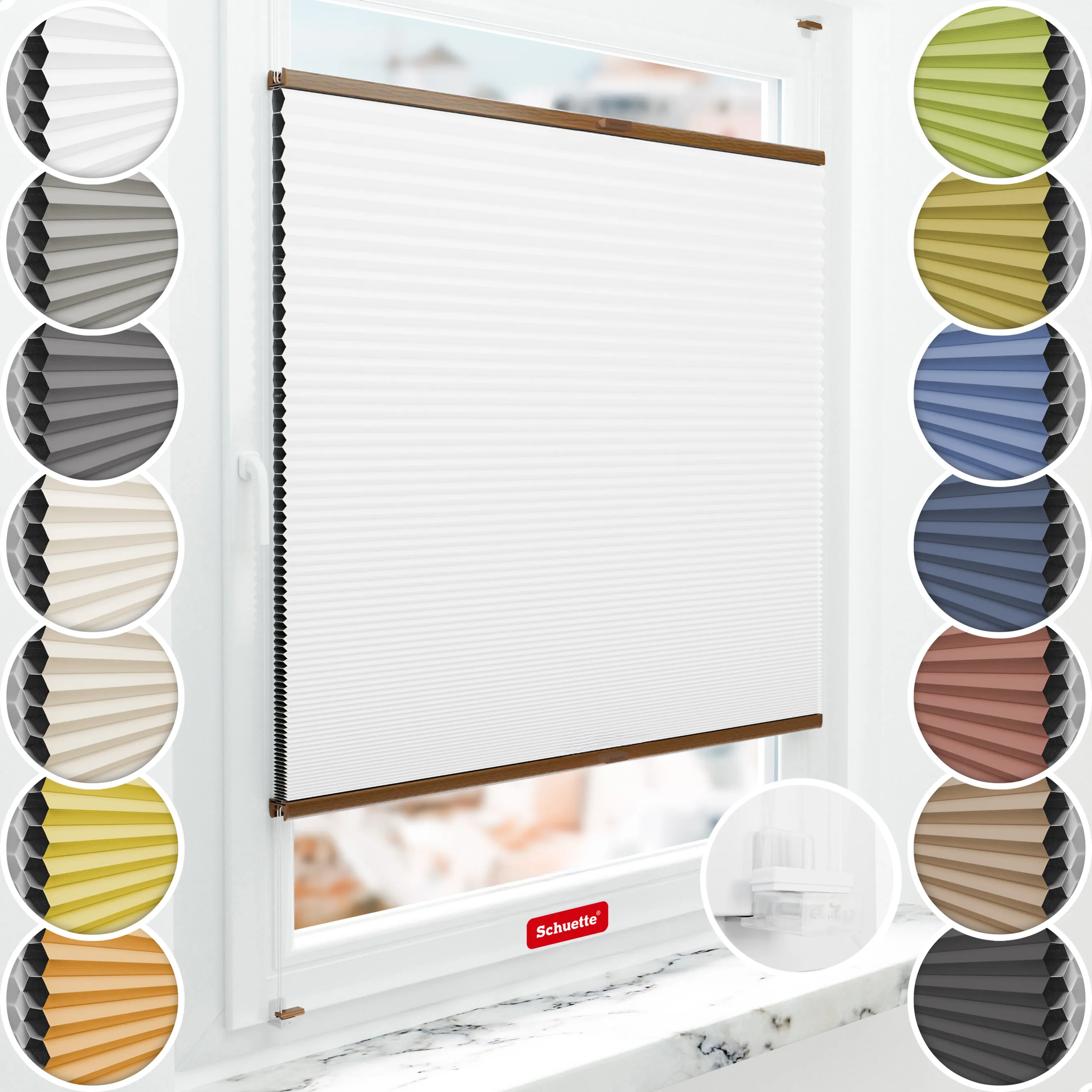 Schuette® Wabenplissee ohne Bohren nach Maß • Suprafix Klemmhalter “Incognito X" • Honey Kollektion: Moonlight (Weiß) • Profilfarbe: Eiche