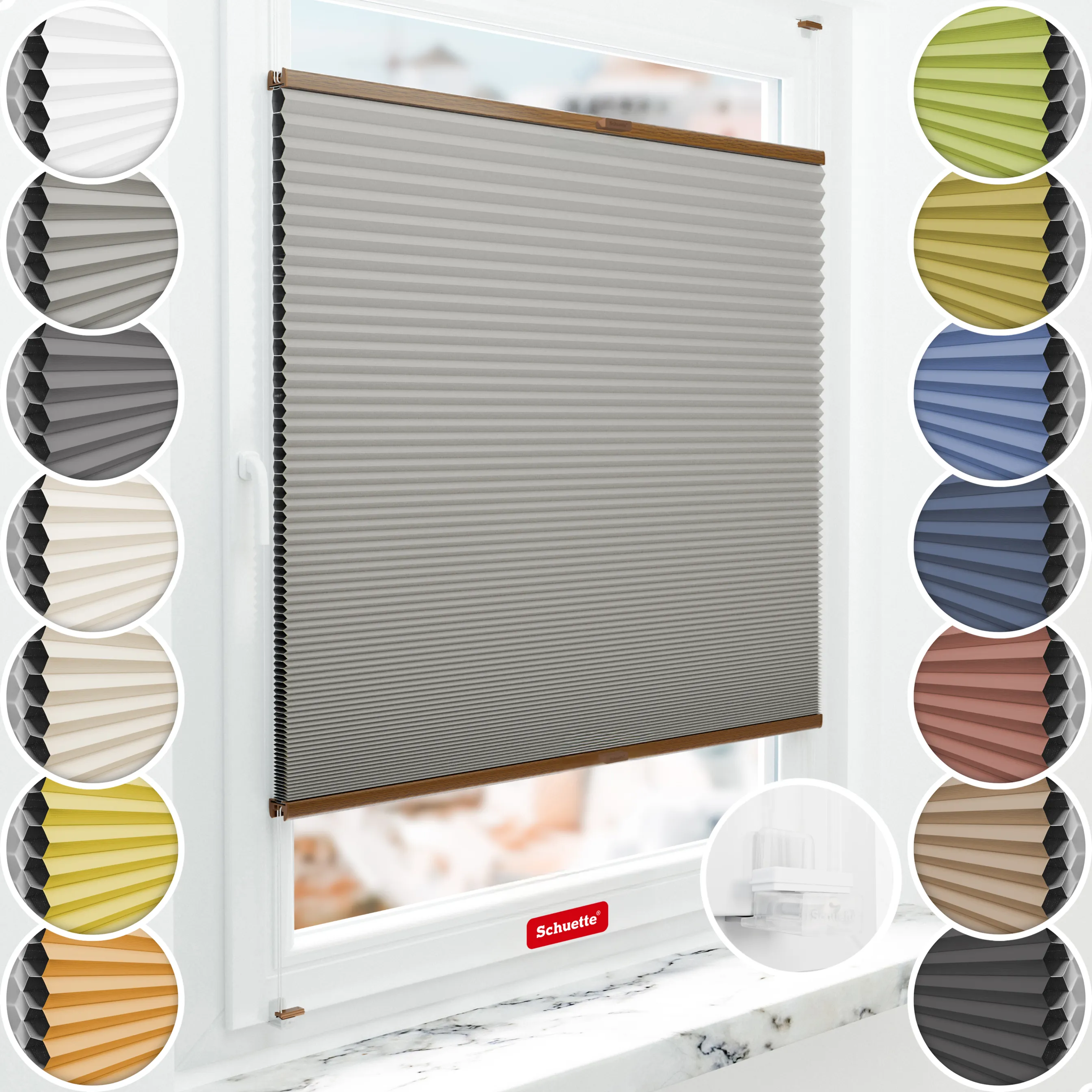 Schuette® Wabenplissee ohne Bohren nach Maß • Suprafix Klemmhalter “Incognito X" • Honey Kollektion: Silver Mist (Grau) • Profilfarbe: Eiche