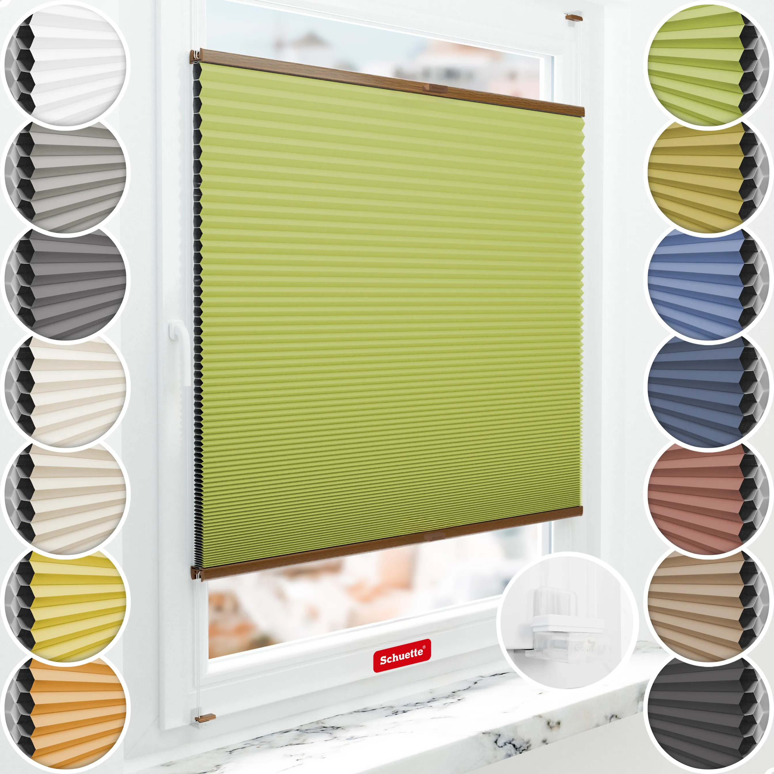 Schuette® Wabenplissee ohne Bohren nach Maß • Suprafix Klemmhalter “Incognito X" • Honey Kollektion: Green Tea (Grün) • Profilfarbe: Eiche