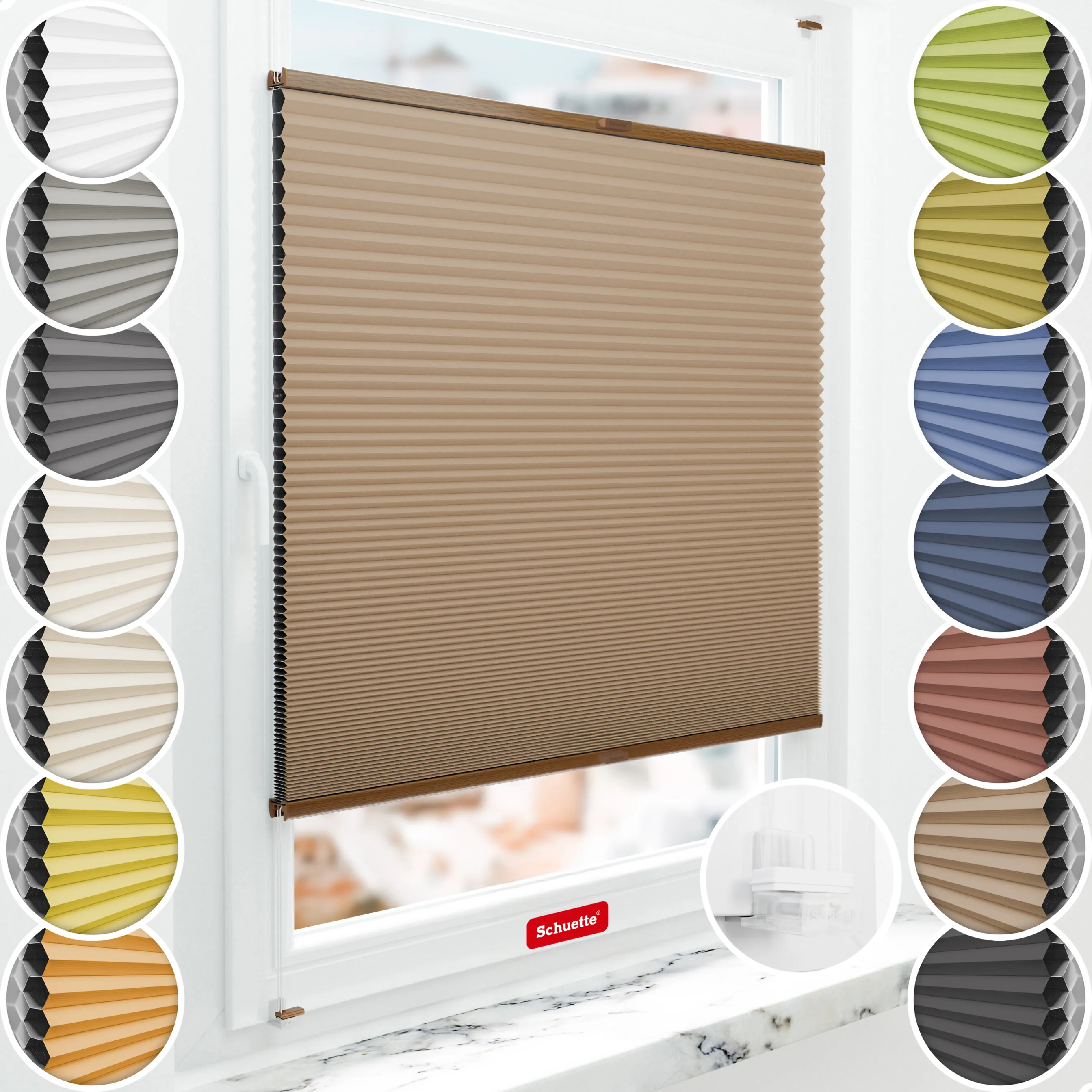 Schuette® Wabenplissee ohne Bohren nach Maß • Suprafix Klemmhalter “Incognito X" • Honey Kollektion: Maple Wood (Braun) • Profilfarbe: Eiche