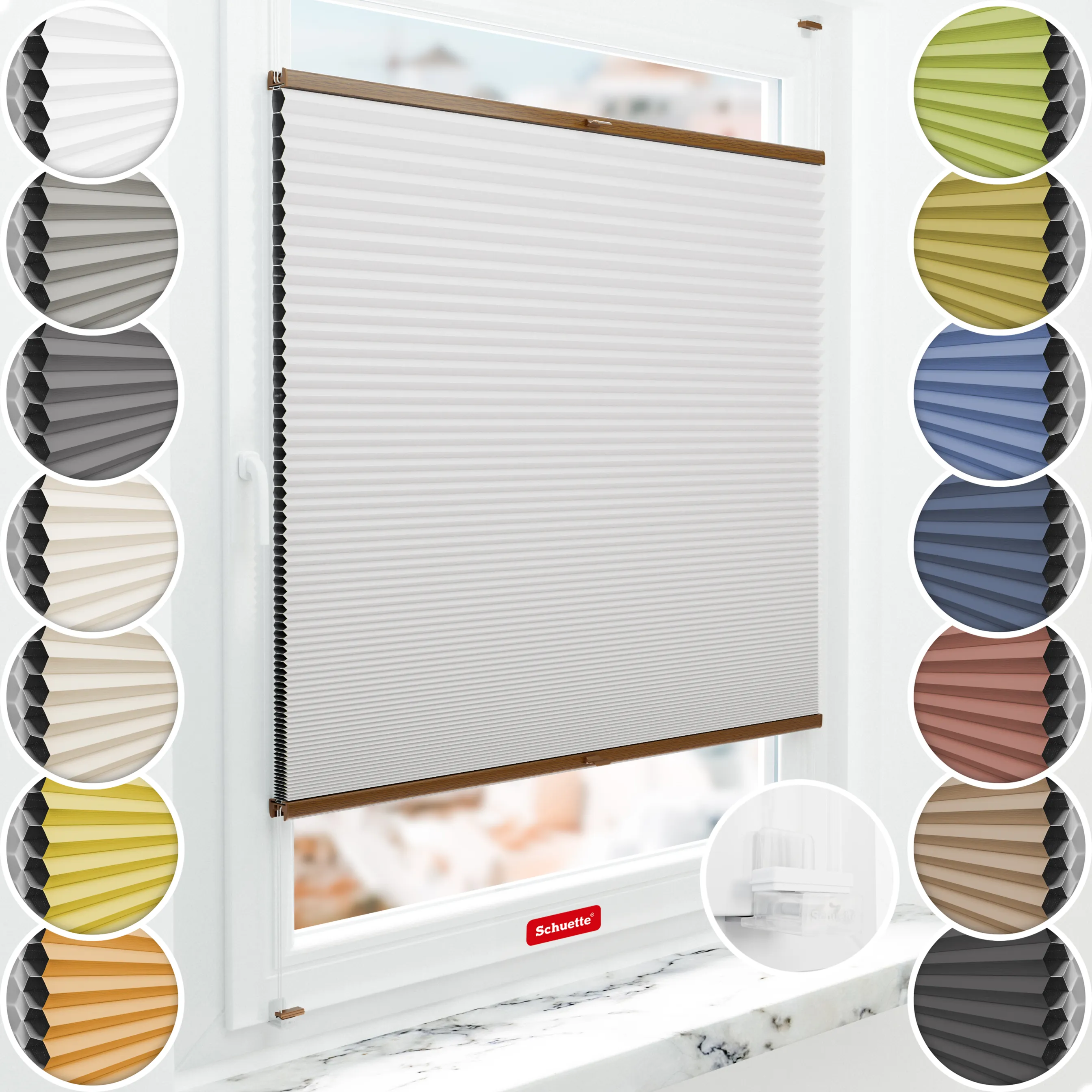 Schuette® Wabenplissee ohne Bohren nach Maß • Suprafix Klemmhalter “Incognito X" • Honey Kollektion: Gray-zy in Love (Pastellgrau) • Profilfarbe: Eiche