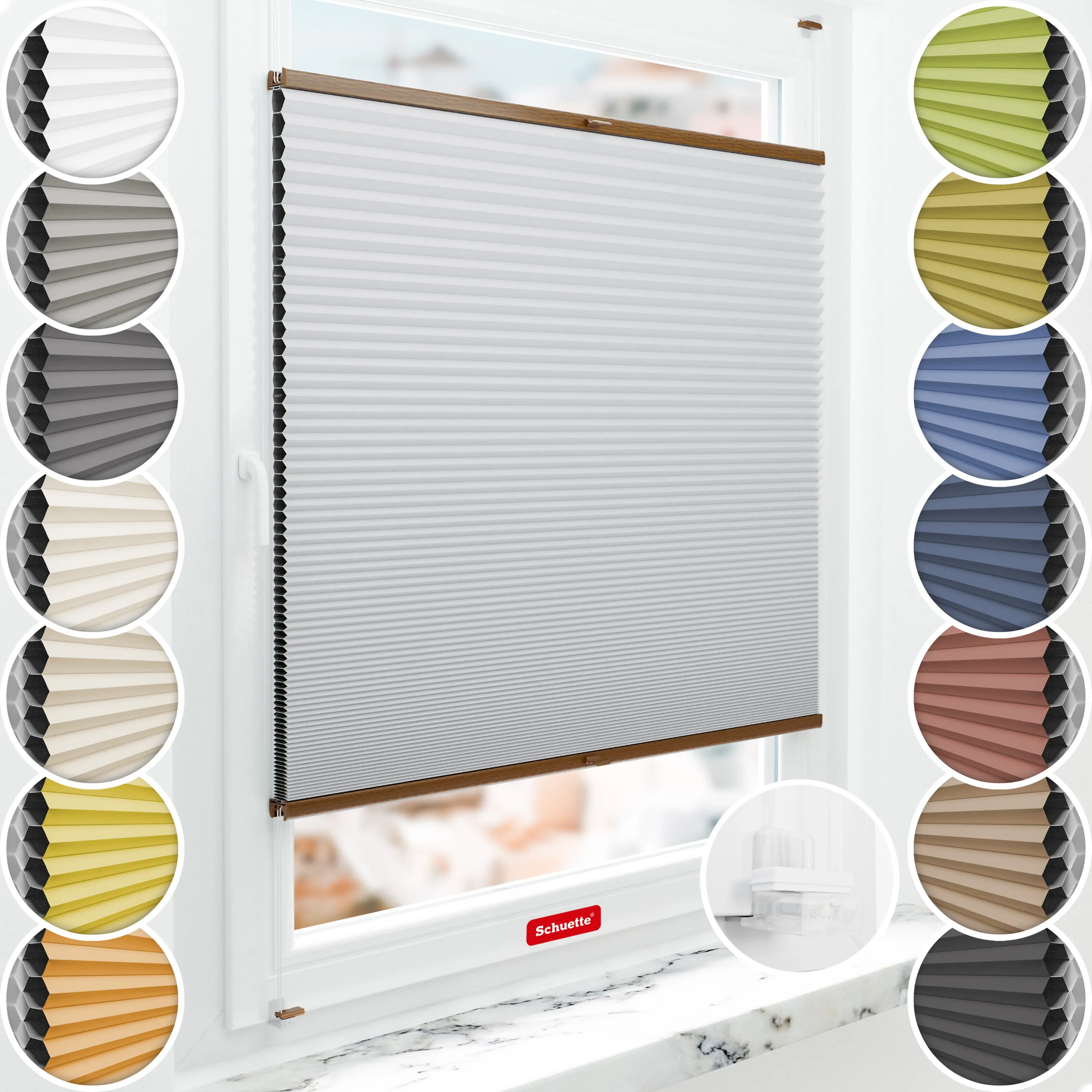 Schuette® Wabenplissee ohne Bohren nach Maß • Suprafix Klemmhalter “Incognito X" • Honey Kollektion: Skyfall (Hellgrau) • Profilfarbe: Eiche