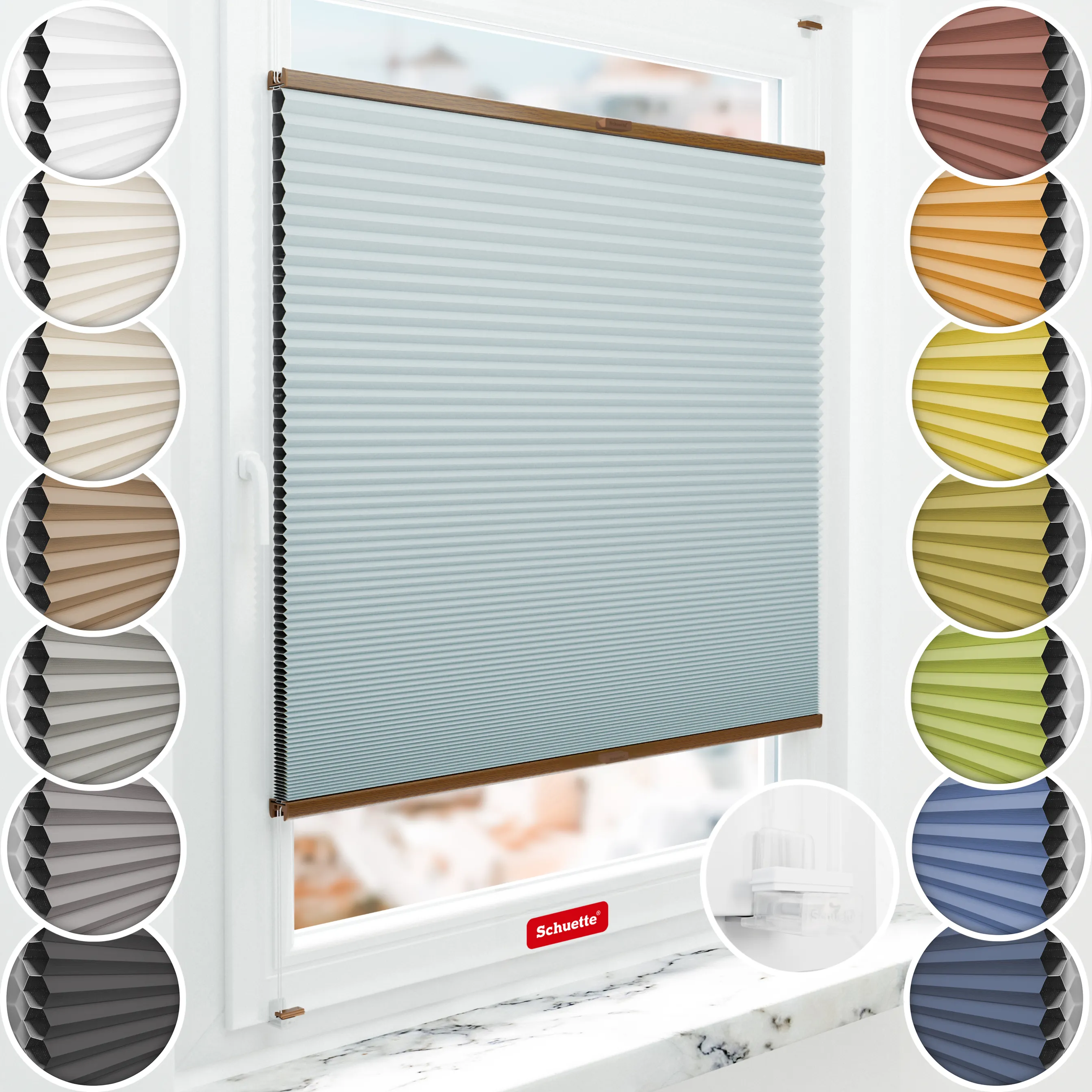 Schuette® Wabenplissee ohne Bohren nach Maß • Suprafix Klemmhalter “Incognito X" • Honey Kollektion: Cloud Nine (Pastellblau) • Profilfarbe: Eiche