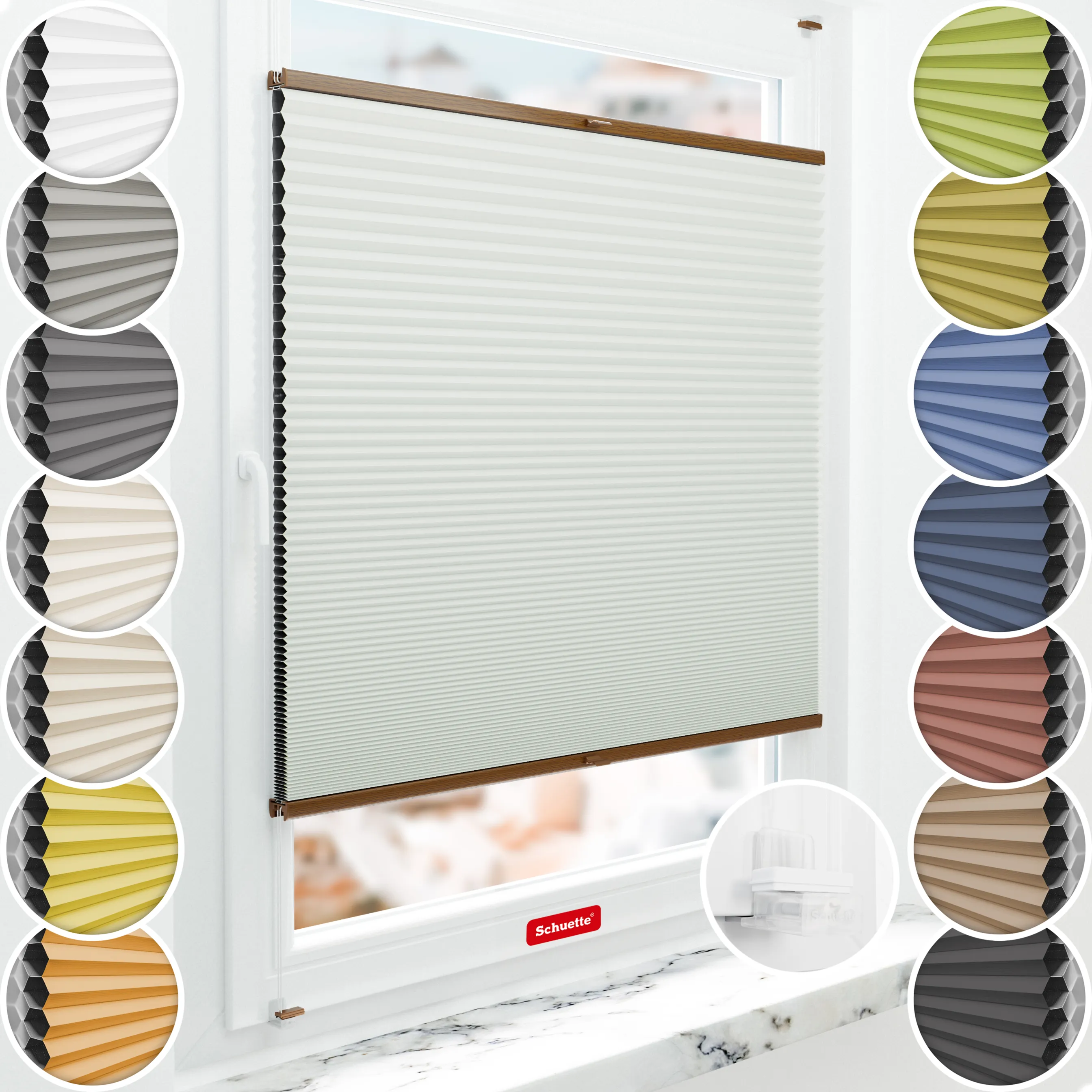 Schuette® Wabenplissee ohne Bohren nach Maß • Suprafix Klemmhalter “Incognito X" • Honey Kollektion: Tinkerbell Twinkle (Pastellgrün) • Profilfarbe: Eiche