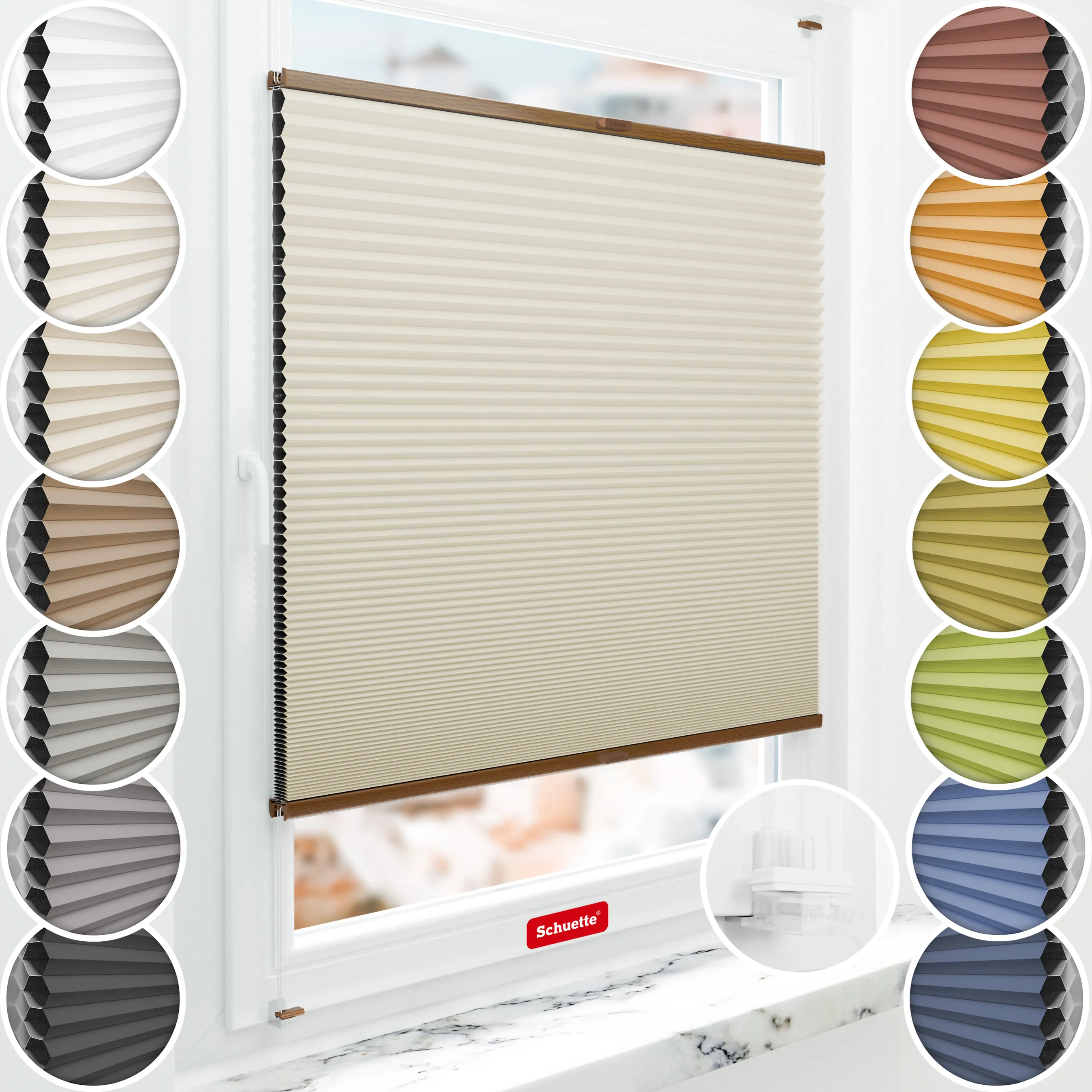 Schuette® Wabenplissee ohne Bohren nach Maß • Suprafix Klemmhalter “Incognito X" • Honey Kollektion: Belgian Waffle (Creme) • Profilfarbe: Eiche