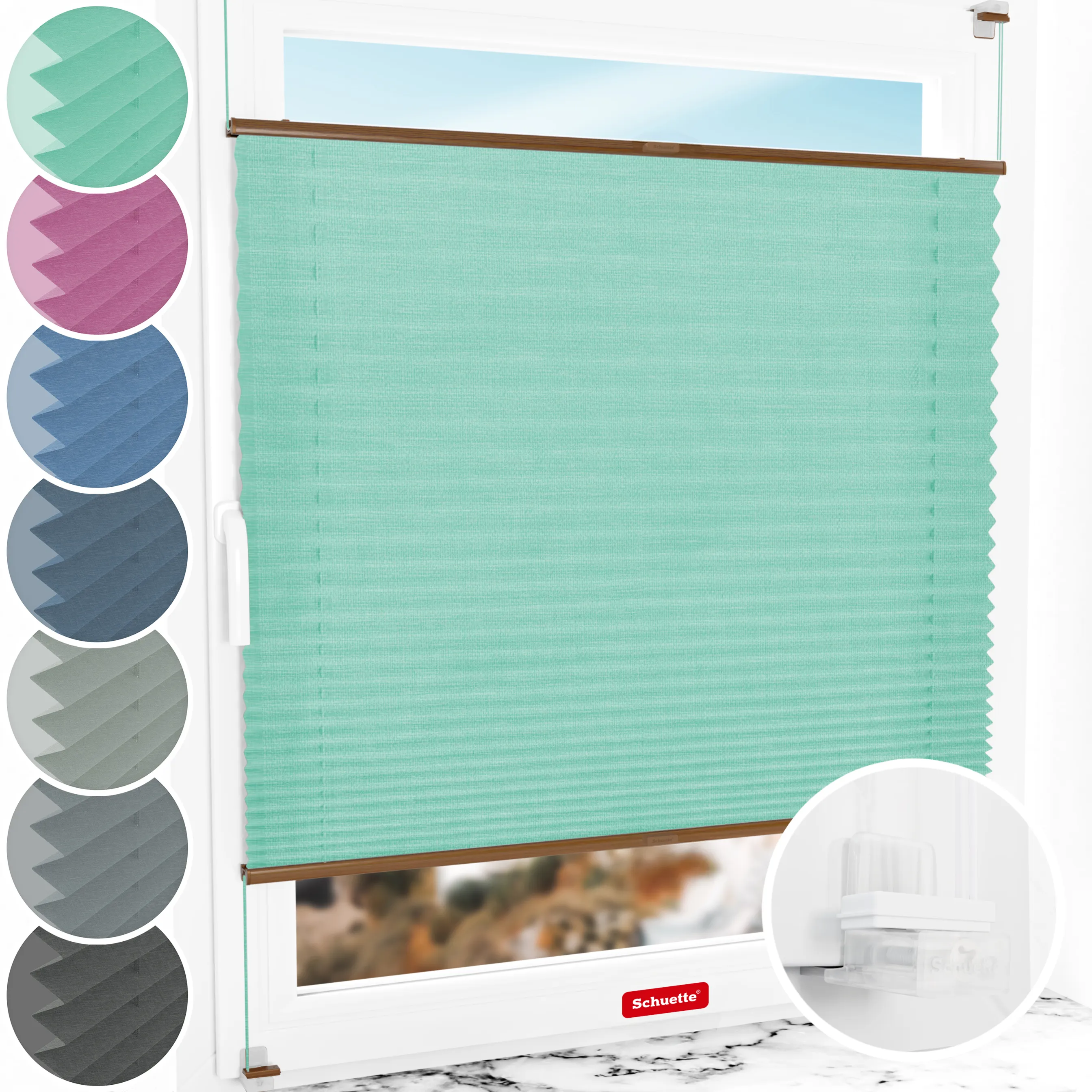 Schuette® Plissee ohne Bohren nach Maß • Suprafix Klemmhalter “Incognito X" • Melange Kollektion: Mint Ice Cream (Grün) • Profilfarbe: Eiche