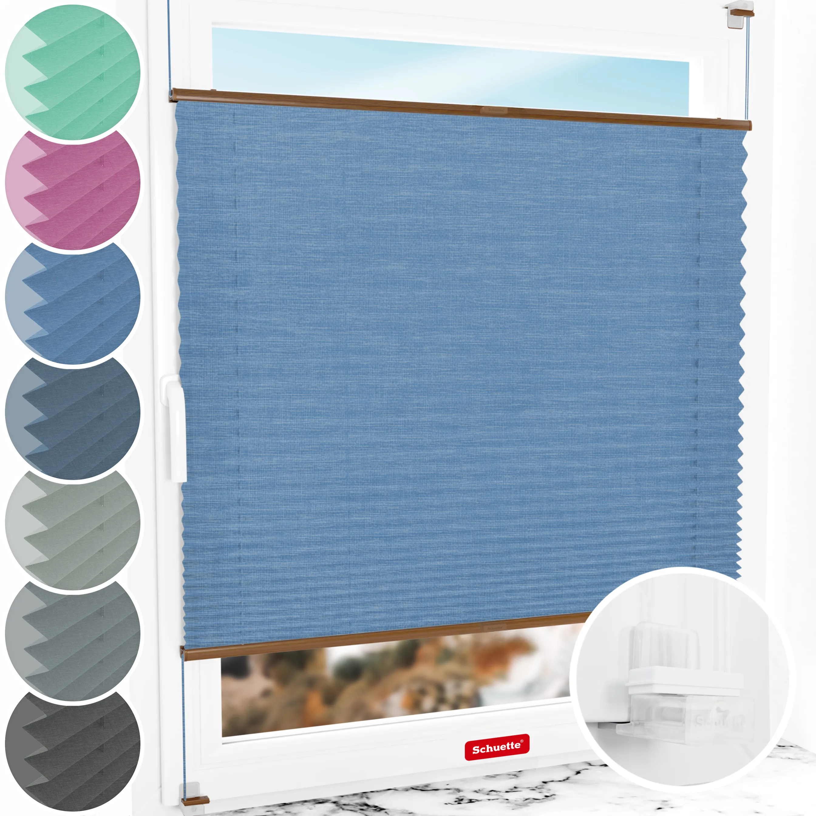 Schuette® Plissee ohne Bohren nach Maß • Suprafix Klemmhalter “Incognito X" • Melange Kollektion: Deep Sea (Blau) • Profilfarbe: Eiche