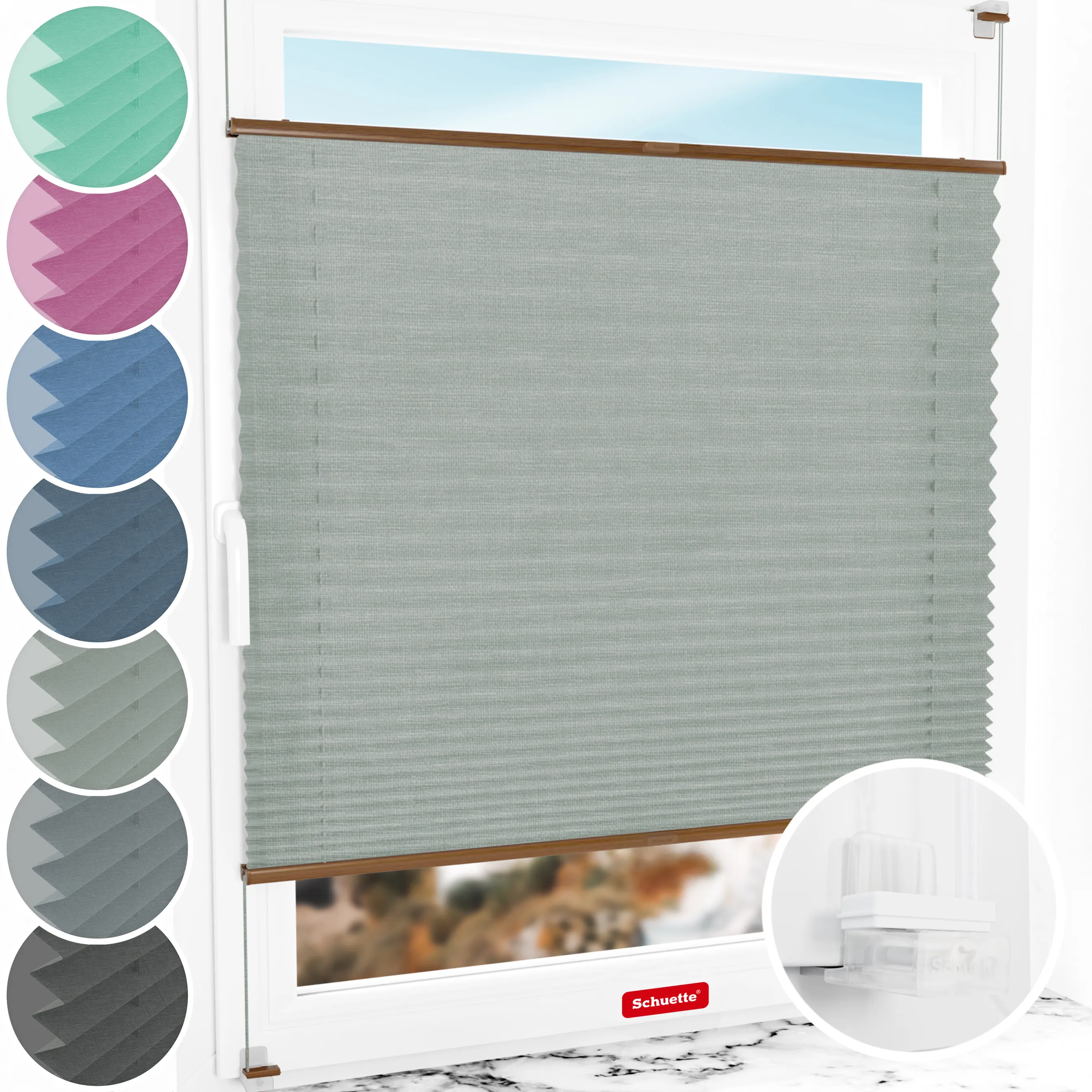 Schuette® Plissee ohne Bohren nach Maß • Suprafix Klemmhalter “Incognito X" • Melange Kollektion: On The Road (Grau) • Profilfarbe: Eiche