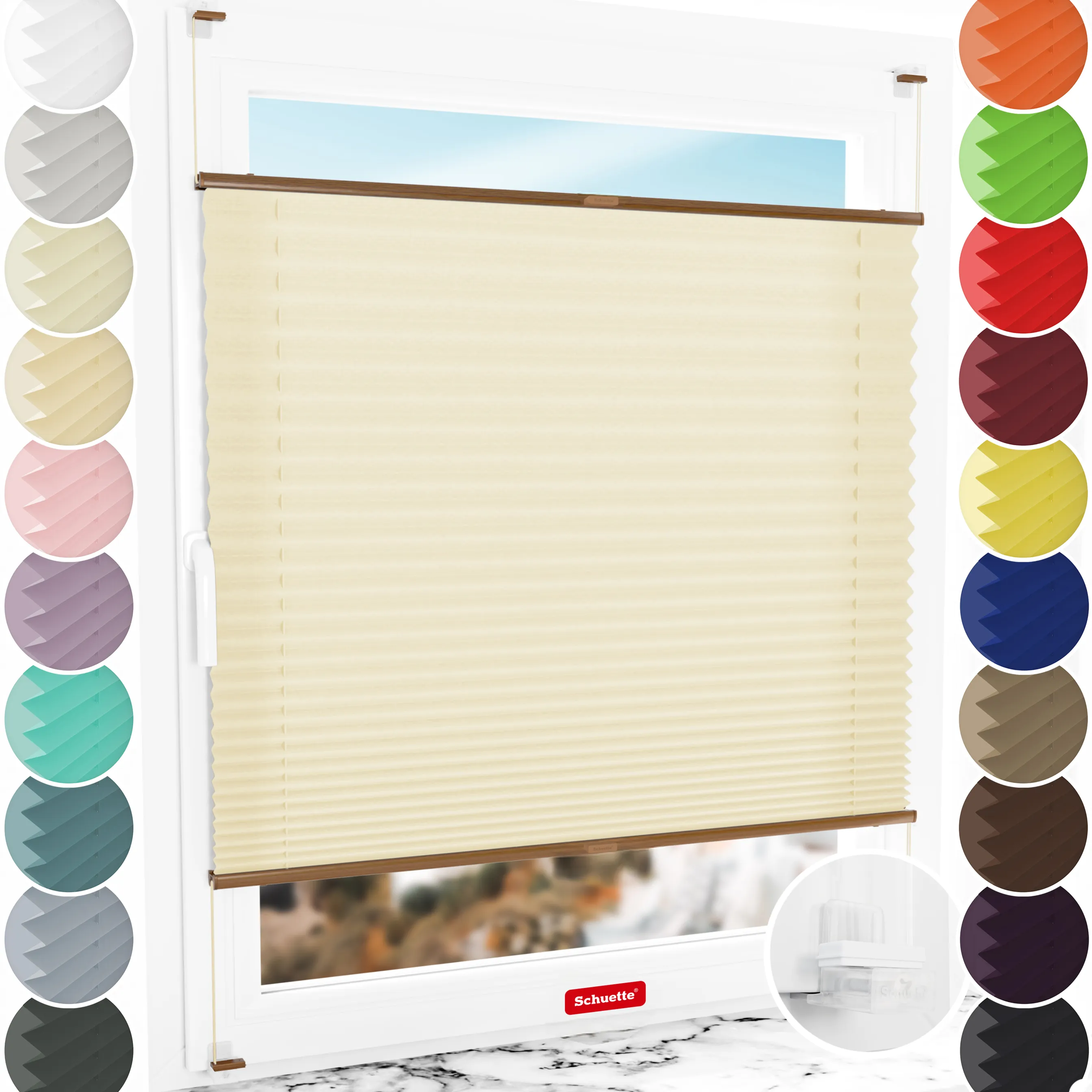 Schuette® Plissee ohne Bohren nach Maß • Suprafix Klemmhalter “Incognito X" • Premium Kollektion: Sahara's Sand • Profilfarbe: Eiche