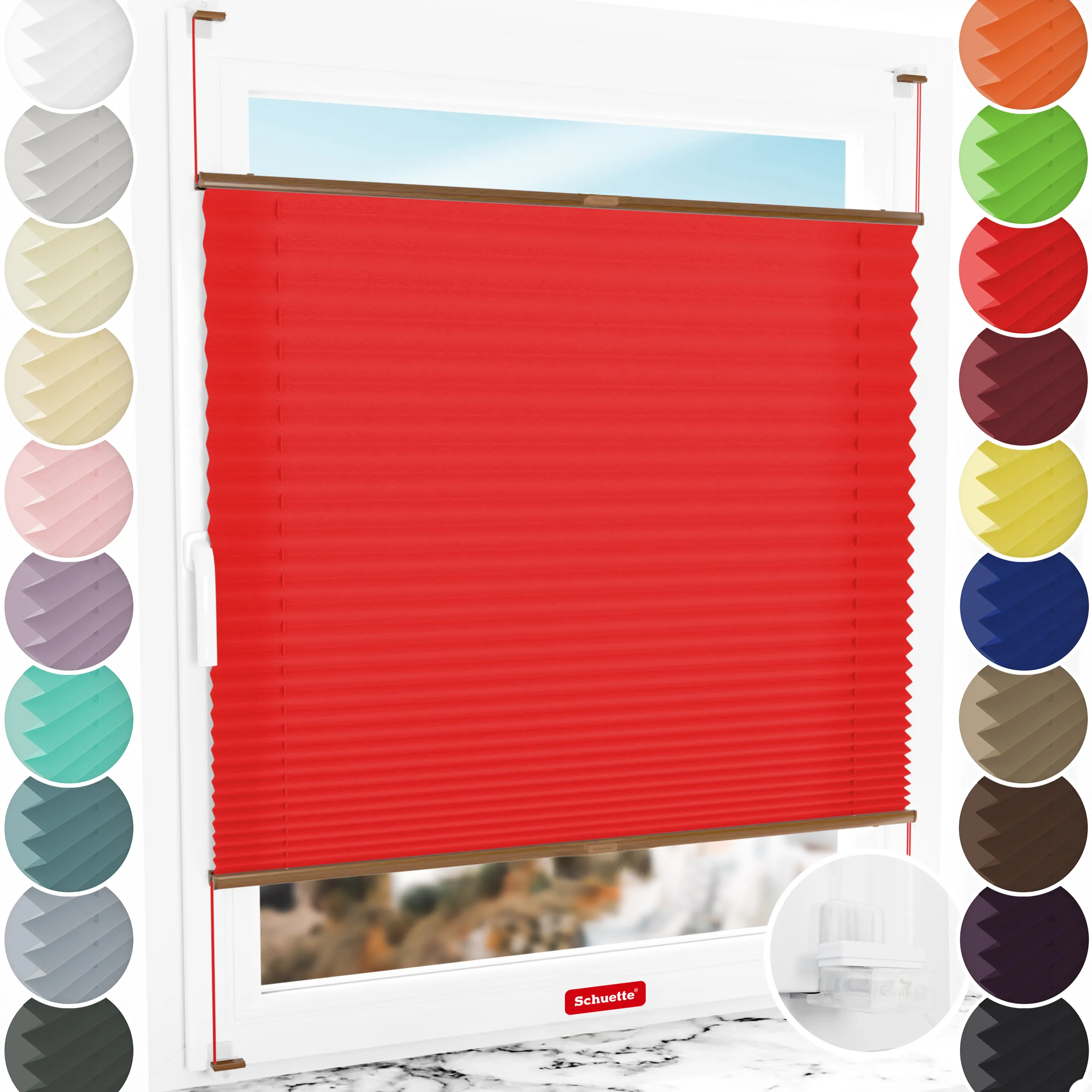 Schuette® Plissee ohne Bohren nach Maß • Suprafix Klemmhalter “Incognito X" • Premium Kollektion: Geisha's Lips (Rot) • Profilfarbe: Eiche