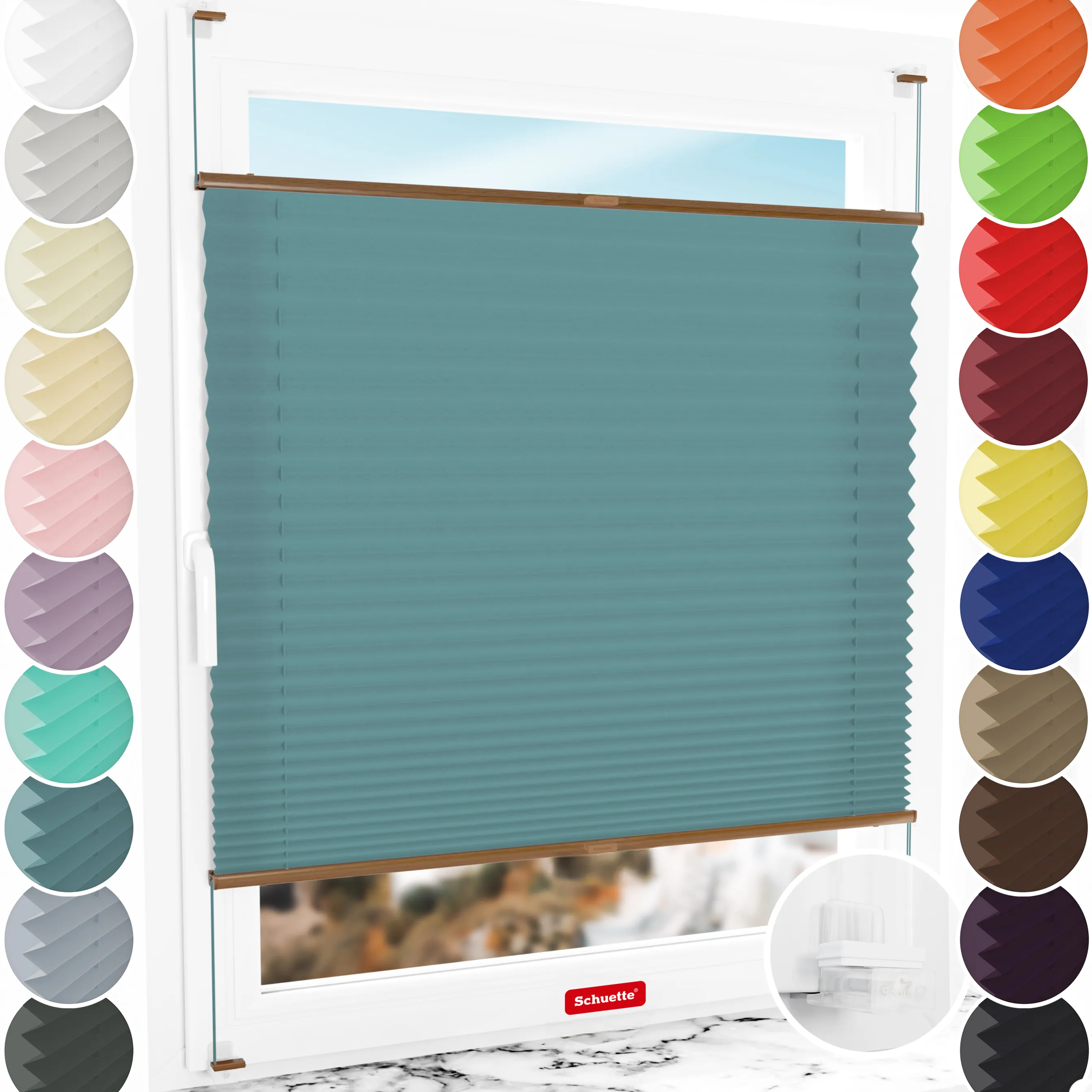 Schuette® Plissee ohne Bohren nach Maß • Suprafix Klemmhalter “Incognito X" • Premium Kollektion: Cove Calm (Taubenblau) • Profilfarbe: Eiche