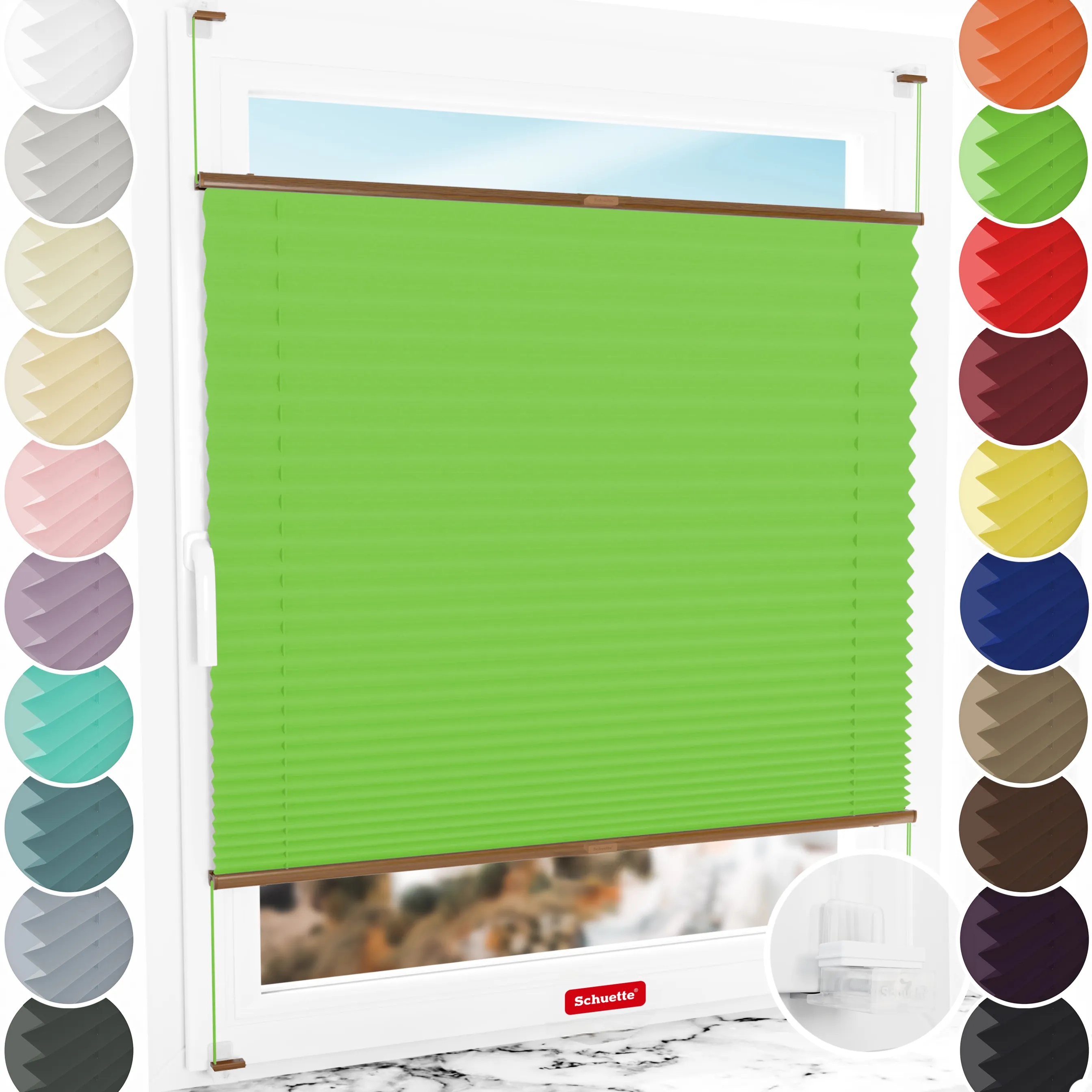 Schuette® Plissee ohne Bohren nach Maß • Suprafix Klemmhalter “Incognito X" • Thermo Kollektion: Leaf Joy (Grün) • Profilfarbe: Eiche