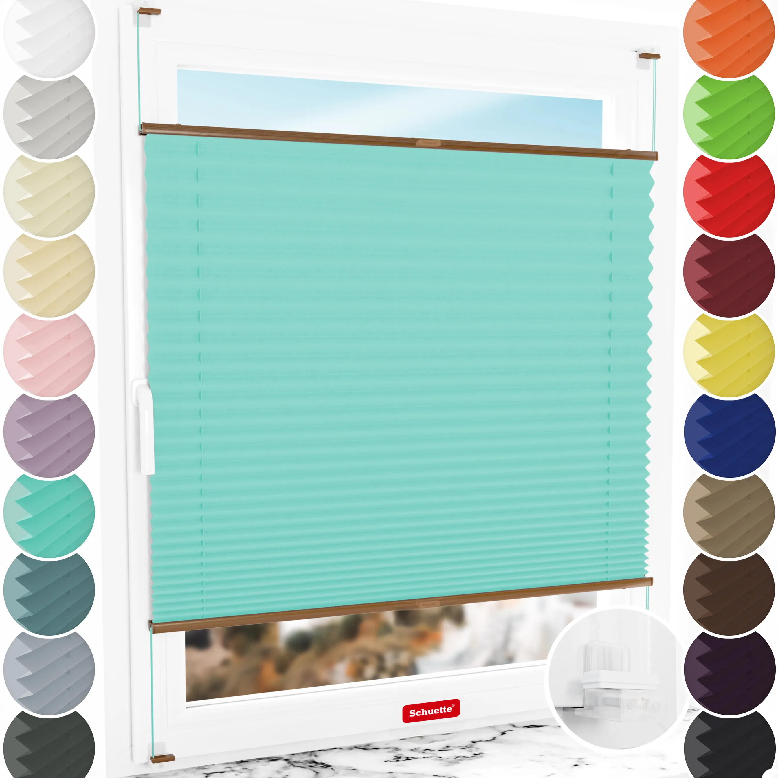 Schuette® Plissee ohne Bohren nach Maß • Suprafix Klemmhalter “Incognito X" • Thermo Kollektion: Tide Tune (Türkis) • Profilfarbe: Eiche