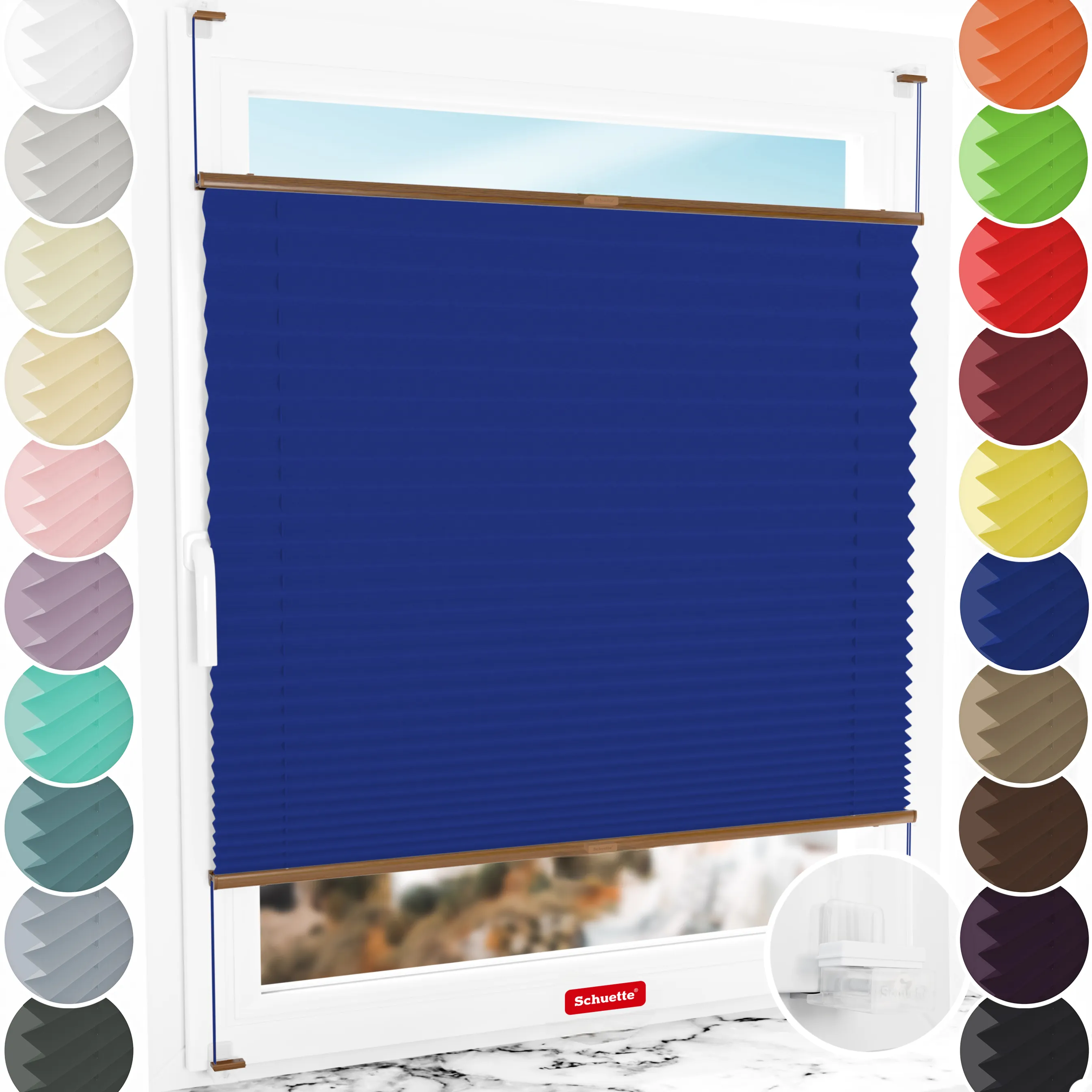 Schuette® Plissee ohne Bohren nach Maß • Suprafix Klemmhalter “Incognito X" • Thermo Kollektion: Wave Waltz (Blau) • Profilfarbe: Eiche