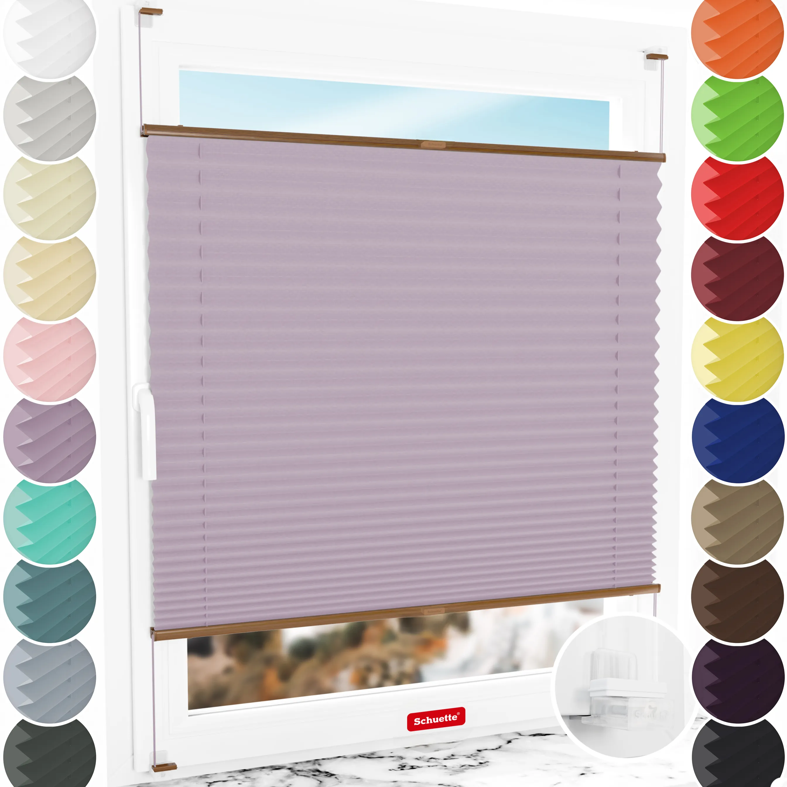 Schuette® Plissee ohne Bohren nach Maß • Suprafix Klemmhalter “Incognito X" • Thermo Kollektion: Pastel Grape (lila) • Profilfarbe: Eiche