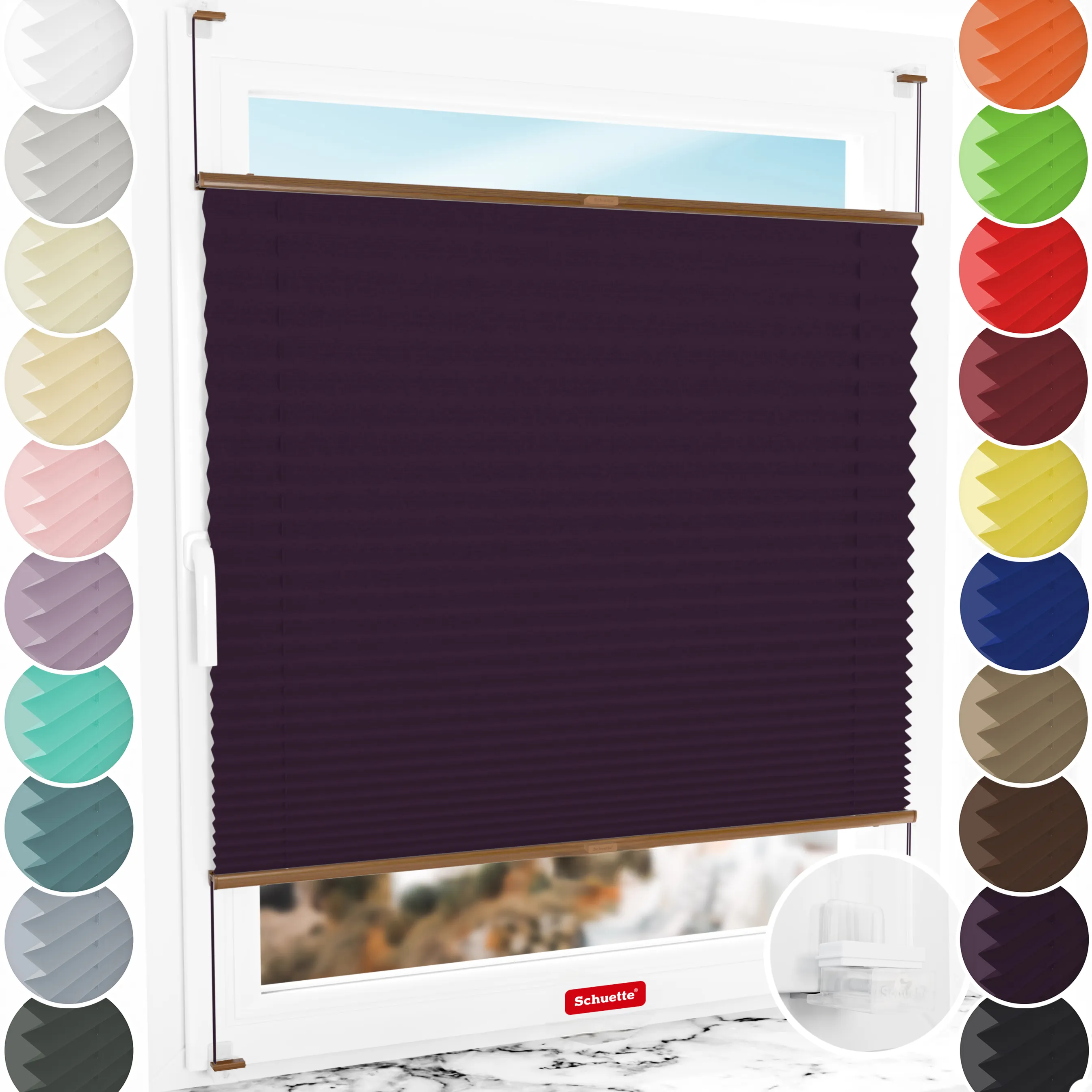 Schuette® Plissee ohne Bohren nach Maß • Suprafix Klemmhalter “Incognito X" • Thermo Kollektion: Violet Paradise (Violett) • Profilfarbe: Eiche