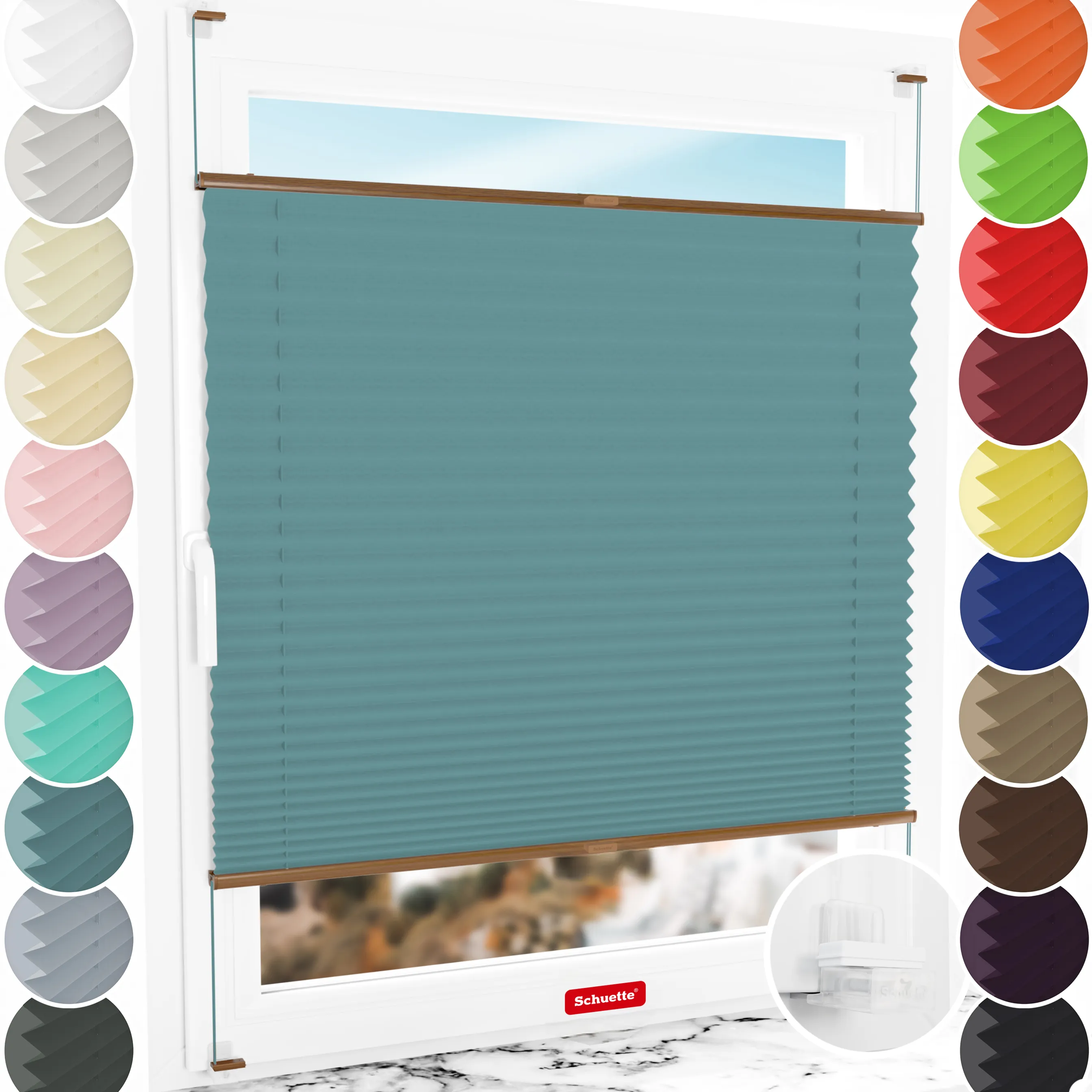 Schuette® Plissee ohne Bohren nach Maß • Suprafix Klemmhalter “Incognito X" • Thermo Kollektion: Teal Aura (Türkis) • Profilfarbe: Eiche