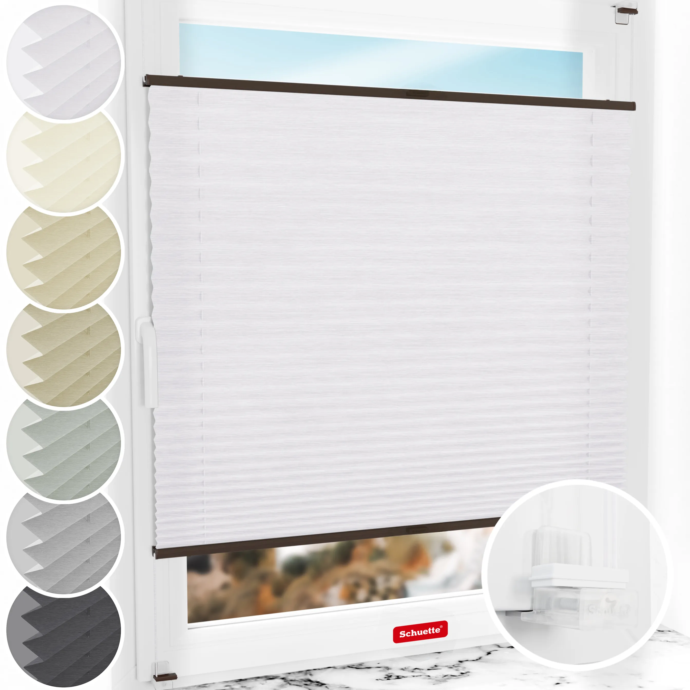 Schuette® Plissee ohne Bohren nach Maß • Suprafix Klemmhalter “Incognito X" • Dolomite Kollektion: Cold Morning (Grau) • Profilfarbe: Walnuss