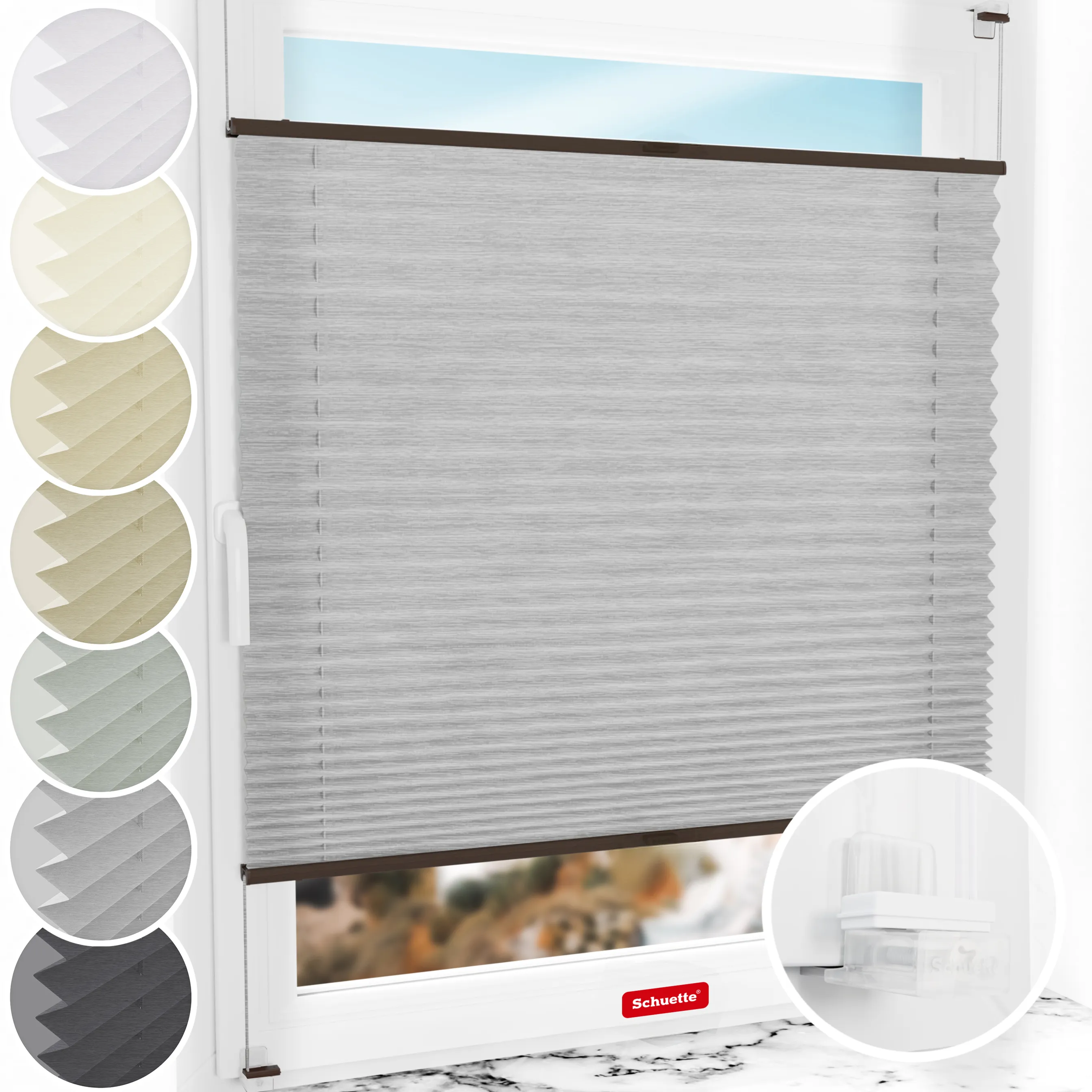 Schuette® Plissee ohne Bohren nach Maß • Suprafix Klemmhalter “Incognito X" • Dolomite Kollektion: Storm Gray (Grau) • Profilfarbe: Walnuss