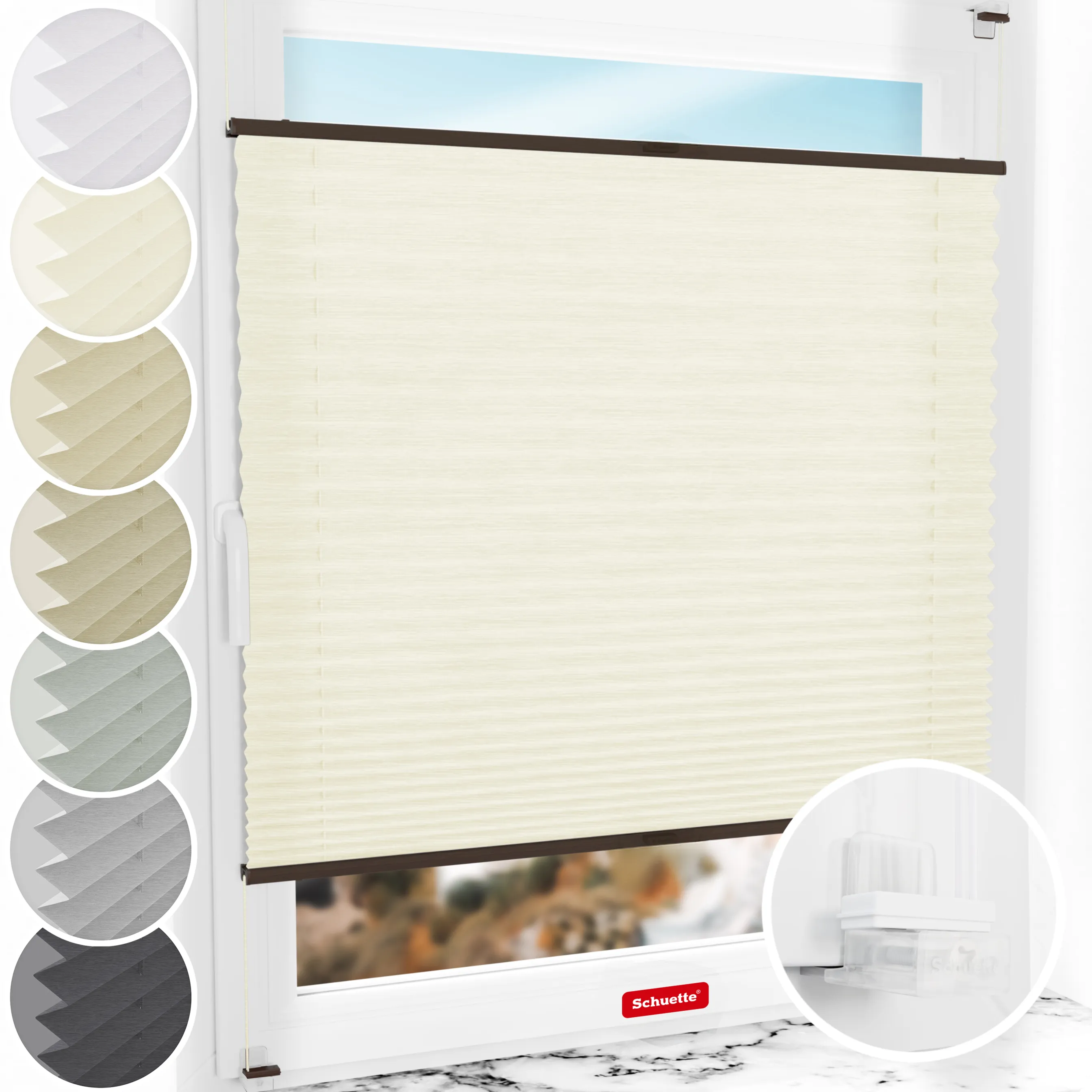 Schuette® Plissee ohne Bohren nach Maß • Suprafix Klemmhalter “Incognito X" • Dolomite Kollektion: Vanilla Sky (Beige) • Profilfarbe: Walnuss