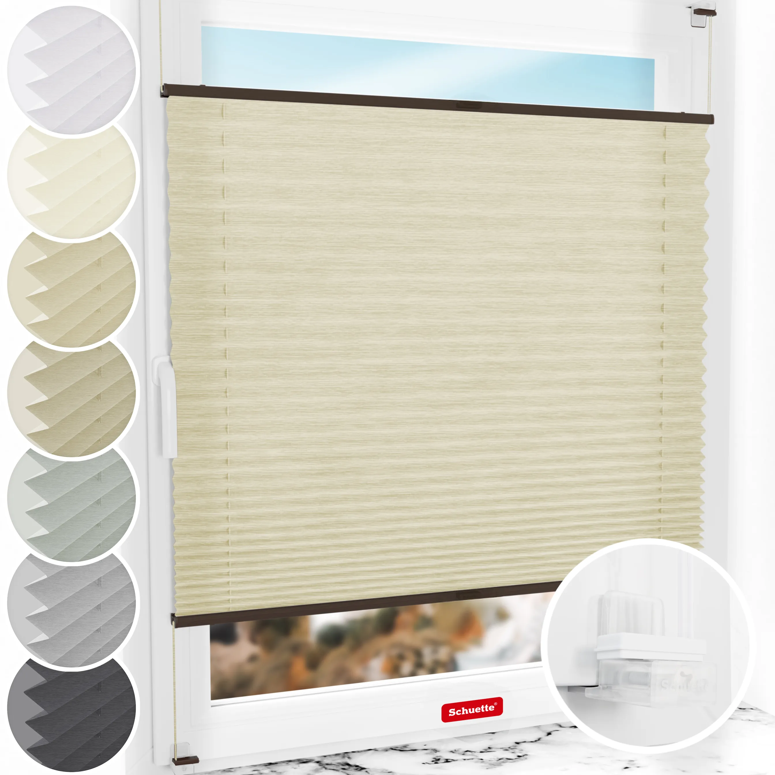 Schuette® Plissee ohne Bohren nach Maß • Suprafix Klemmhalter “Incognito X" • Dolomite Kollektion: Wet Stand (Beige) • Profilfarbe: Walnuss