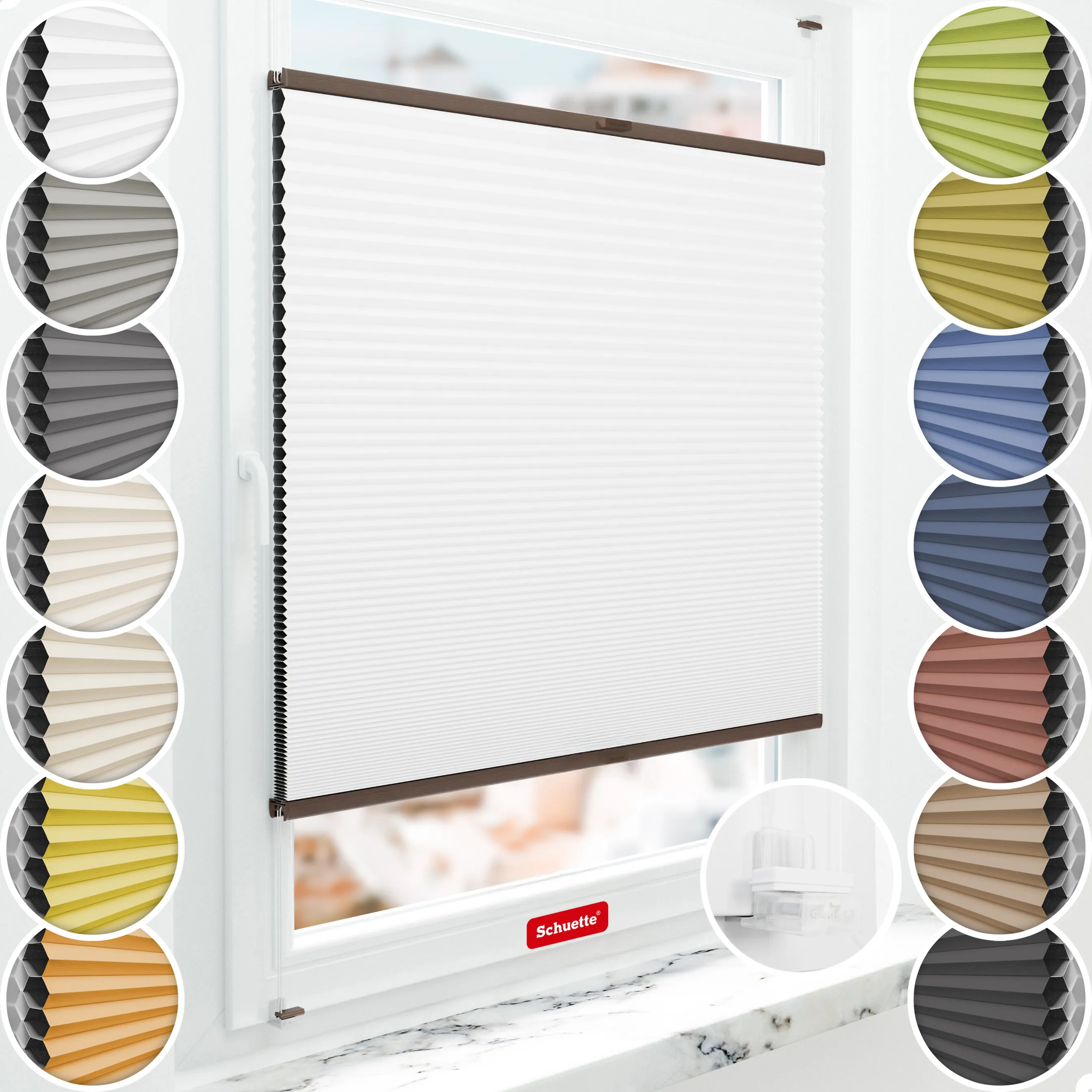 Schuette® Wabenplissee ohne Bohren nach Maß • Suprafix Klemmhalter “Incognito X" • Honey Kollektion: Moonlight (Weiß) • Profilfarbe: Walnuss