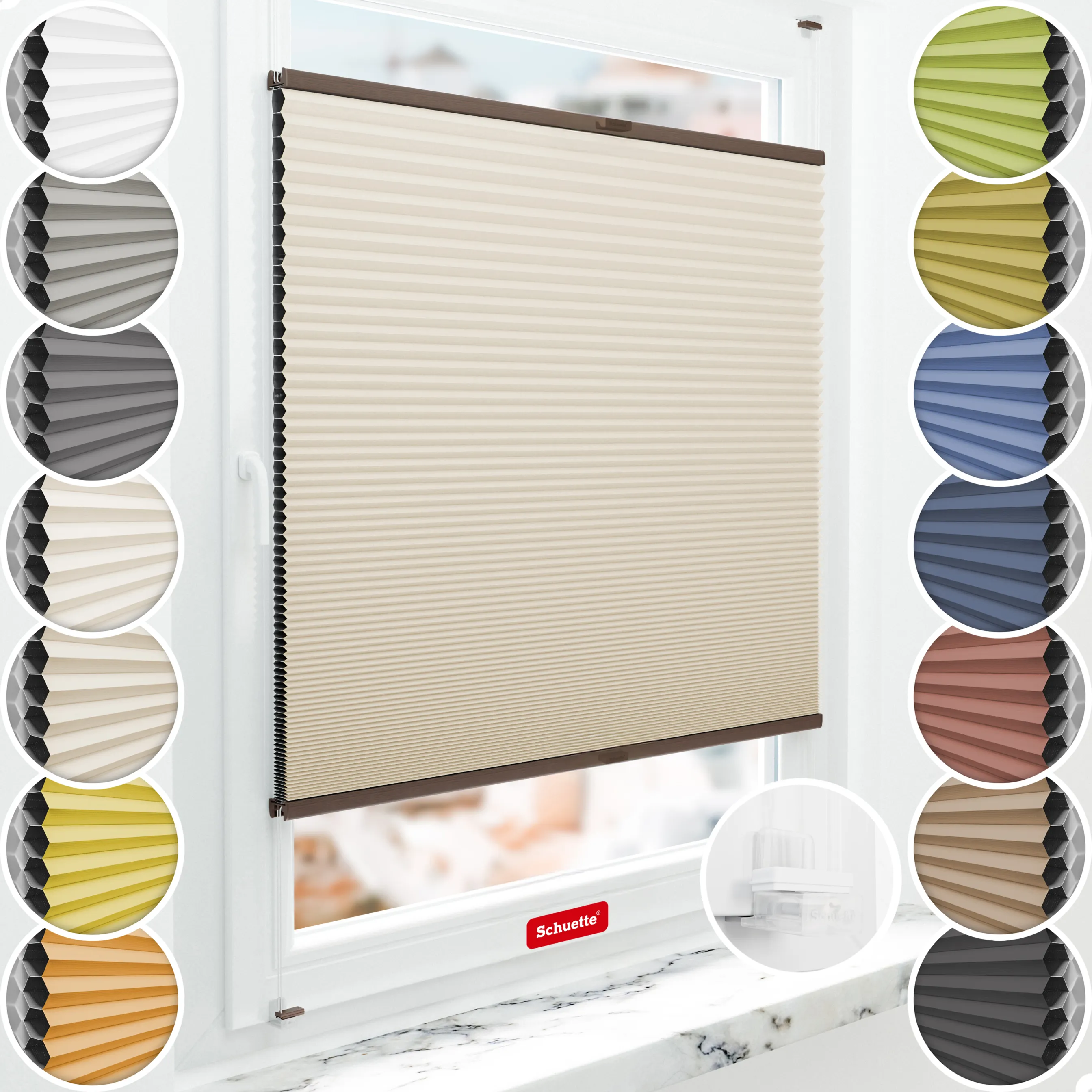 Schuette® Wabenplissee ohne Bohren nach Maß • Suprafix Klemmhalter “Incognito X" • Honey Kollektion: The Dune (Beige) • Profilfarbe: Walnuss