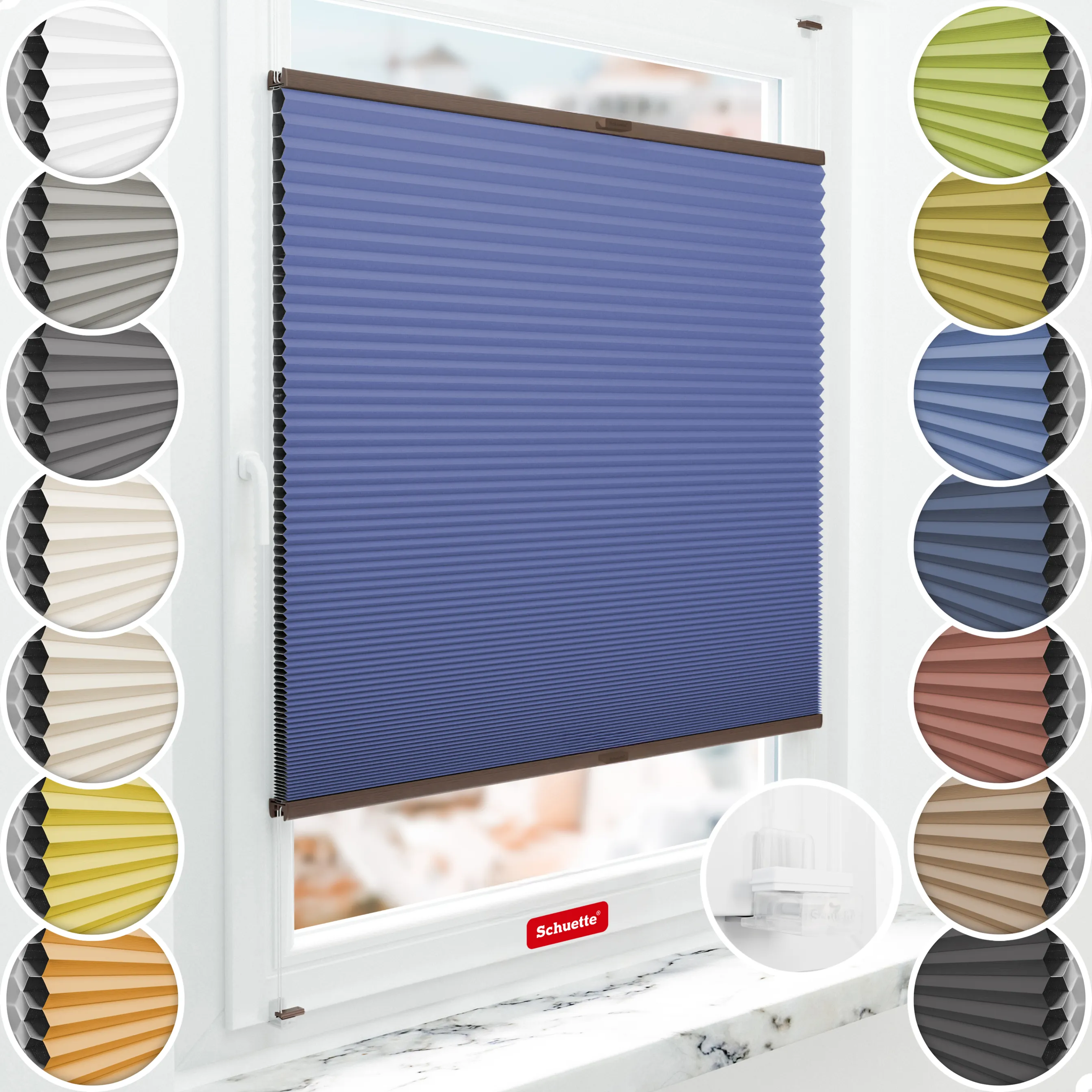 Schuette® Wabenplissee ohne Bohren nach Maß • Suprafix Klemmhalter “Incognito X" • Honey Kollektion: Skyline (Blau) • Profilfarbe: Walnuss