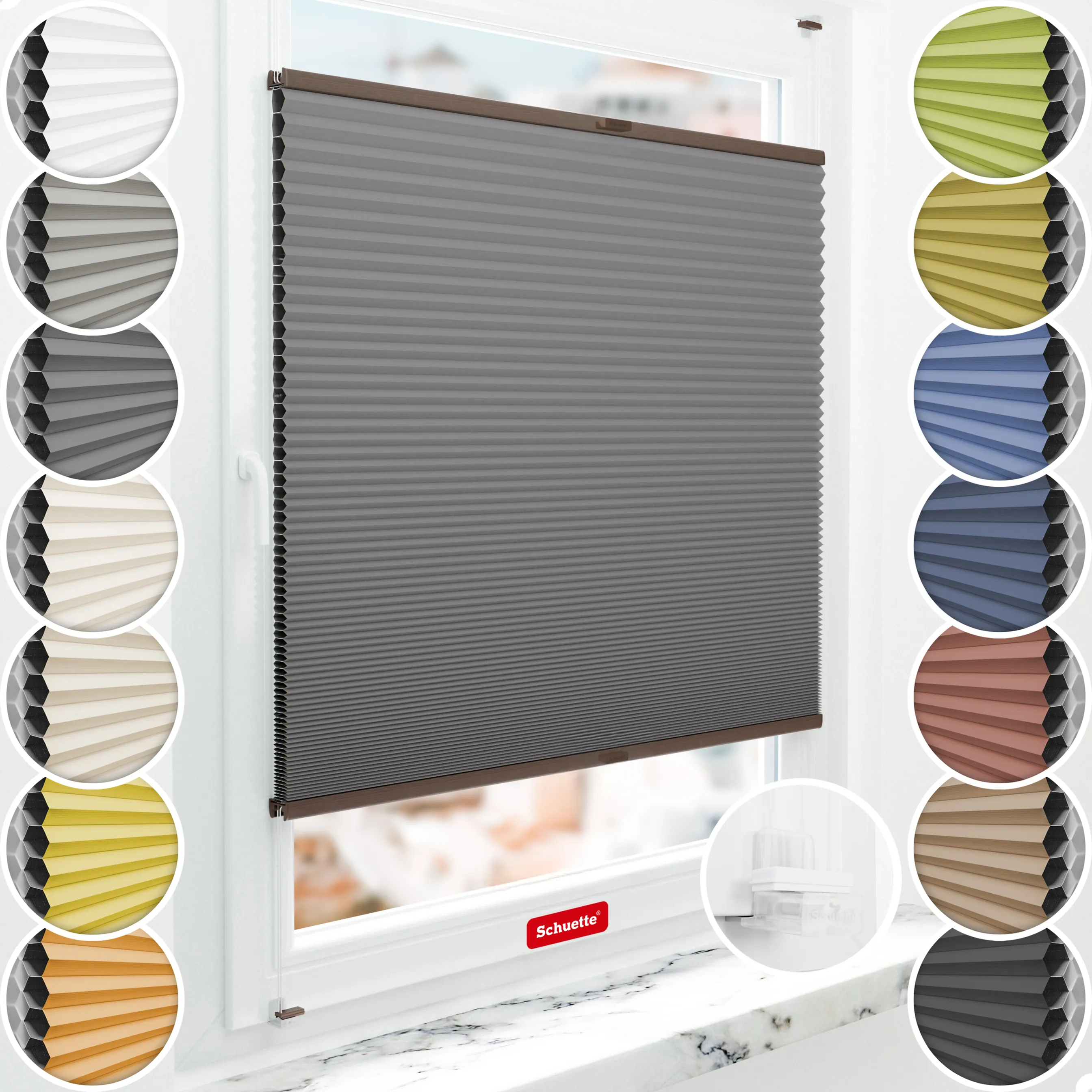 Schuette® Wabenplissee ohne Bohren nach Maß • Suprafix Klemmhalter “Incognito X" • Honey Kollektion: Twilight Tango (Grau) • Profilfarbe: Walnuss